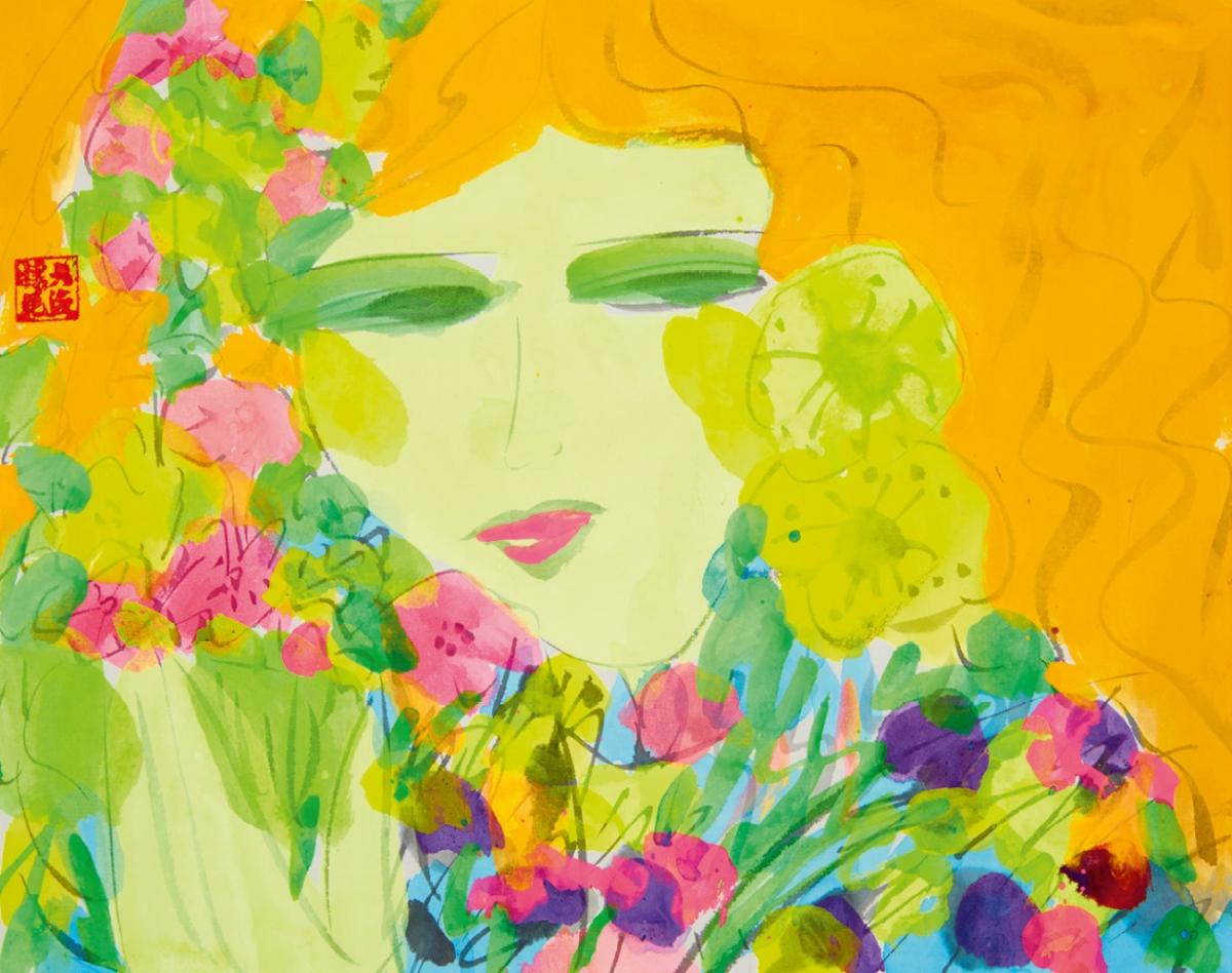 Walasse Ting - Lady with orange hair and flowers.  - image-1