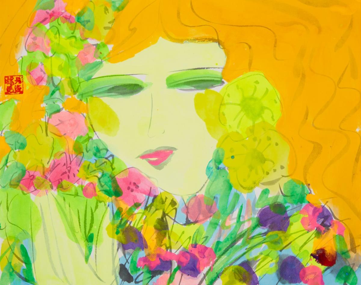 Walasse Ting - Lady with orange hair and flowers.  - image-2
