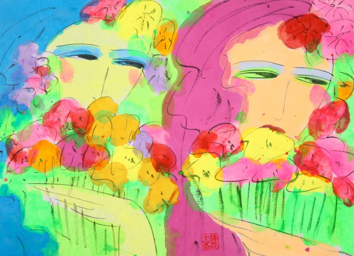 Walasse Ting - Women with flower bouquets. - image-1