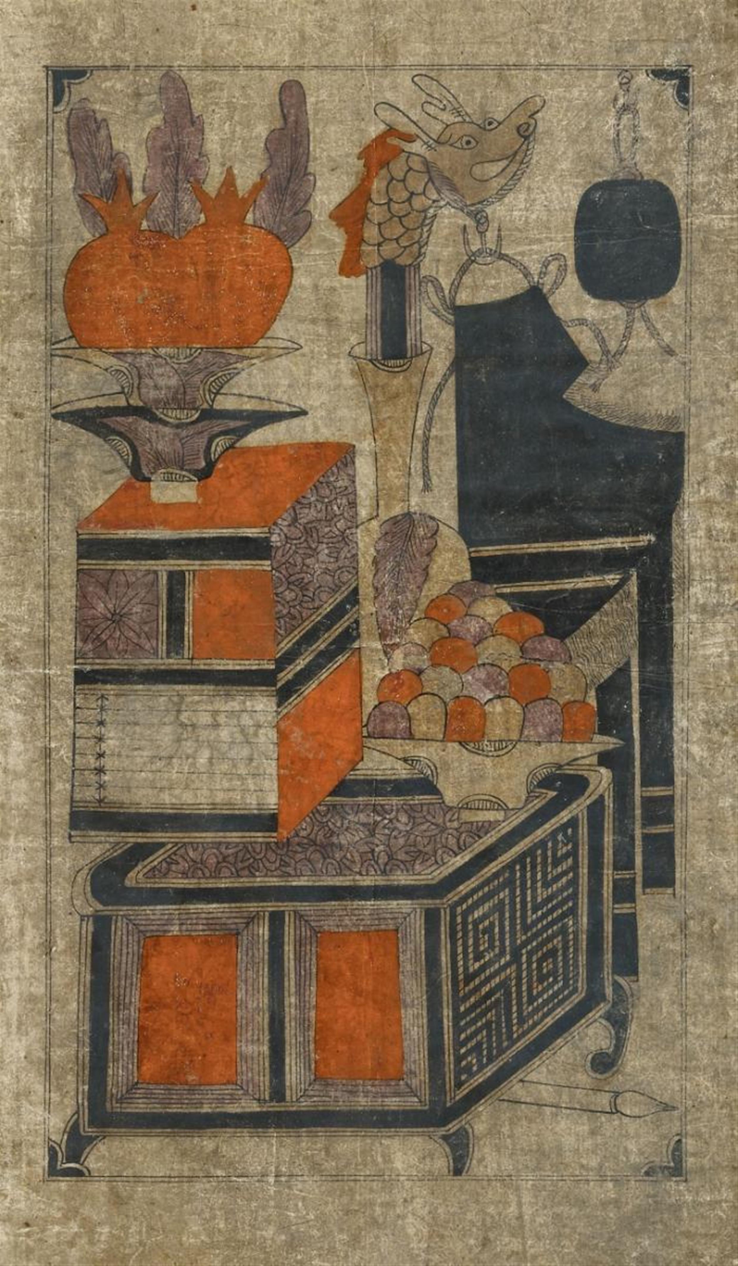 Drei Malereien, wahrscheinlich aus einem Stellschirm mit Darstellung von Stillleben mit Gegenständen des Gelehrtenschreibtischs (chaekgori). Tusche, Rot und einige wenige andere... - image-2