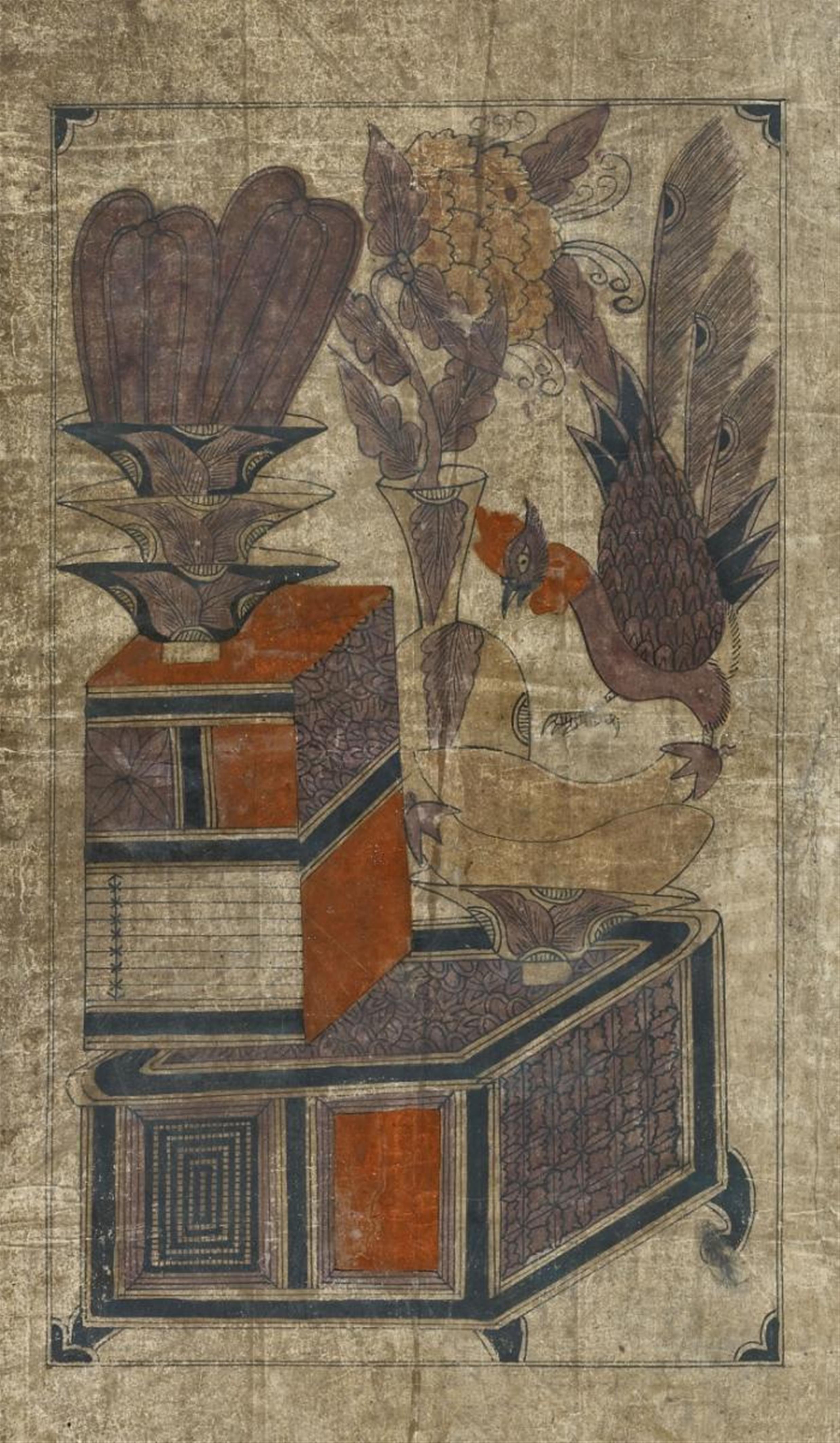 Drei Malereien, wahrscheinlich aus einem Stellschirm mit Darstellung von Stillleben mit Gegenständen des Gelehrtenschreibtischs (chaekgori). Tusche, Rot und einige wenige andere... - image-3