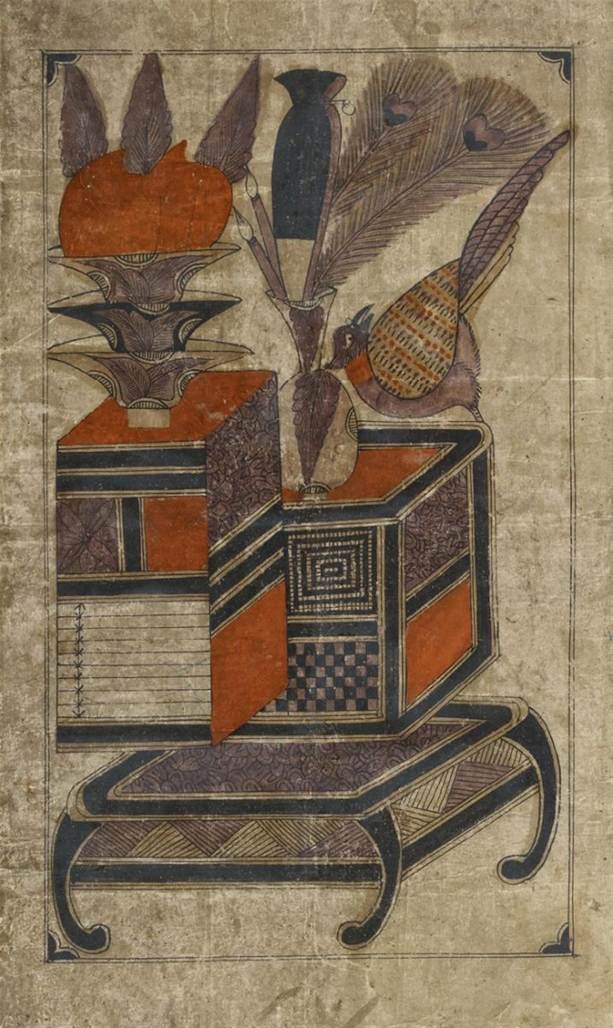 Drei Malereien, wahrscheinlich aus einem Stellschirm mit Darstellung von Stillleben mit Gegenständen des Gelehrtenschreibtischs (chaekgori). Tusche, Rot und einige wenige andere... - image-1
