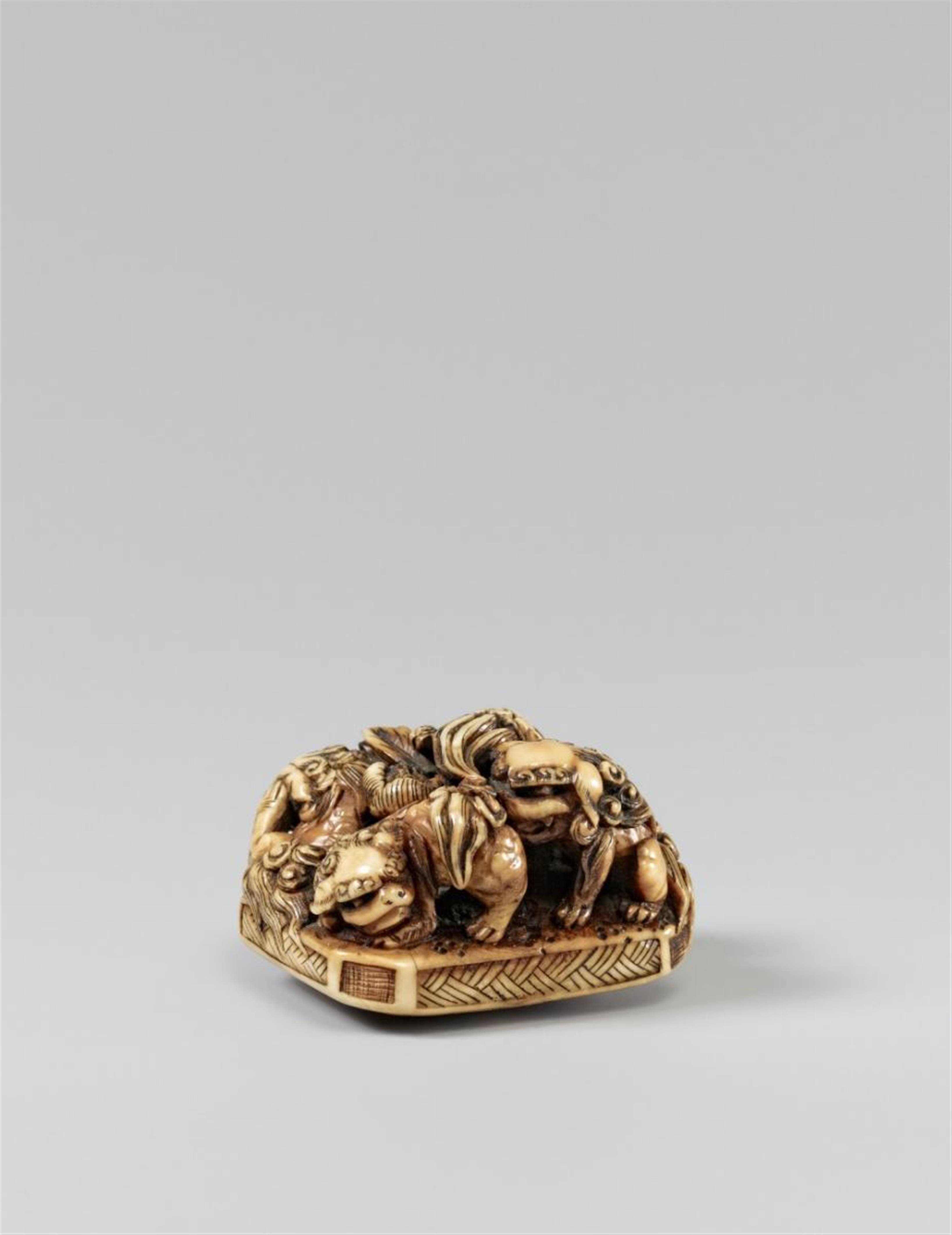 A large stained walrus tusk netsuke of four shishi. Second half 19th century - image-1