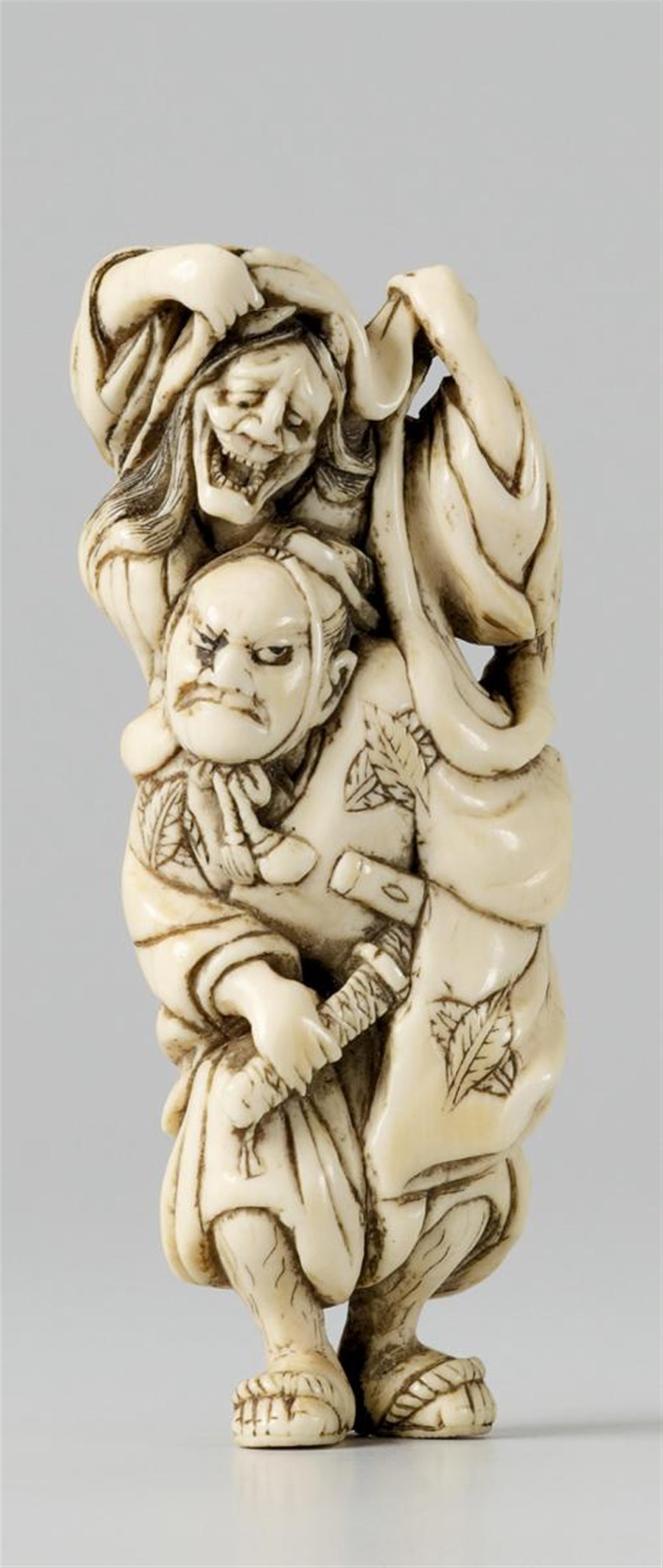 A good ivory netsuke of Ômori Hikoshichi and hannya. Early 19th century - image-1