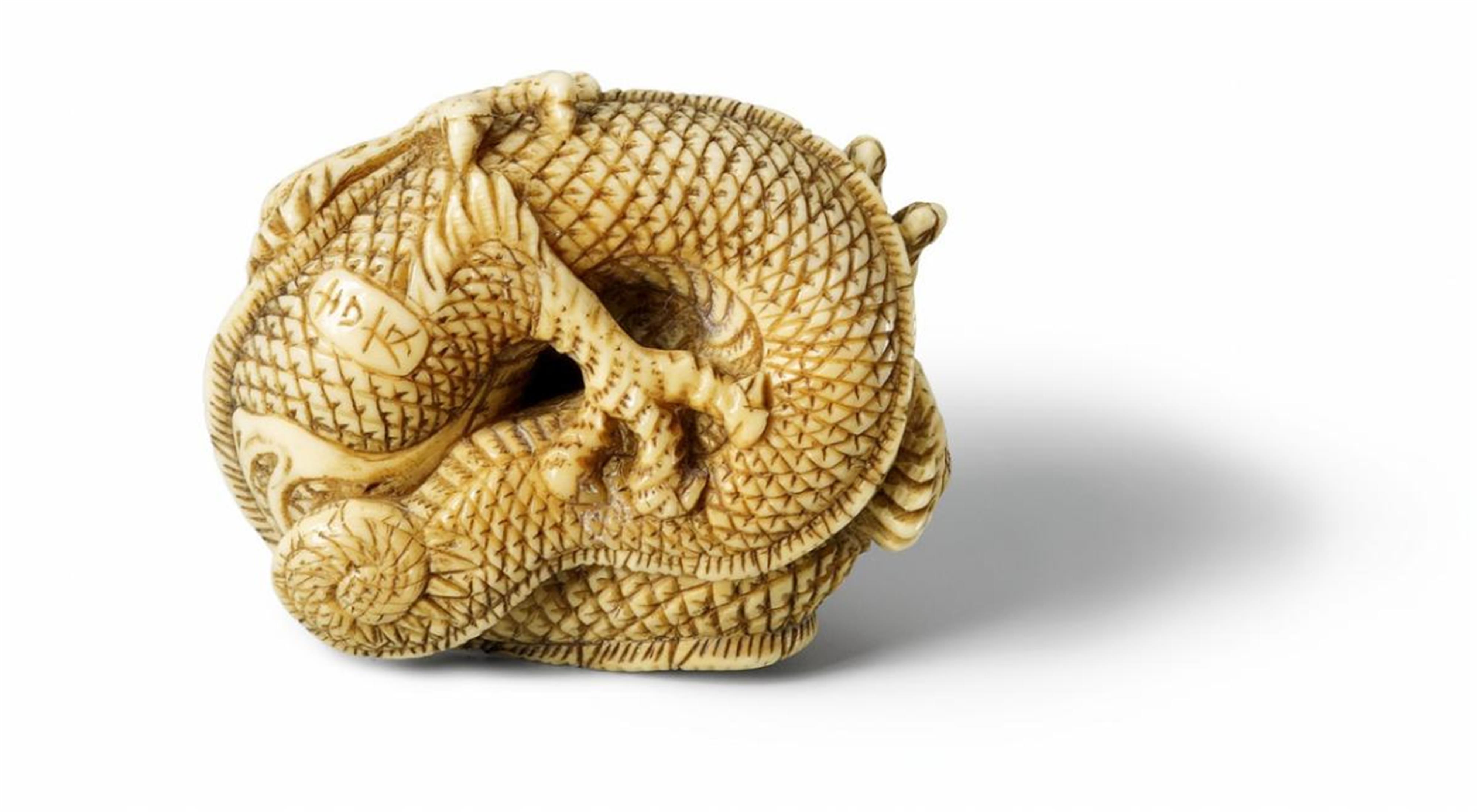 An impressive and superb Kyoto school ivory netsuke of a majestic coiled dragon. Late 18th/early 19th century - image-2