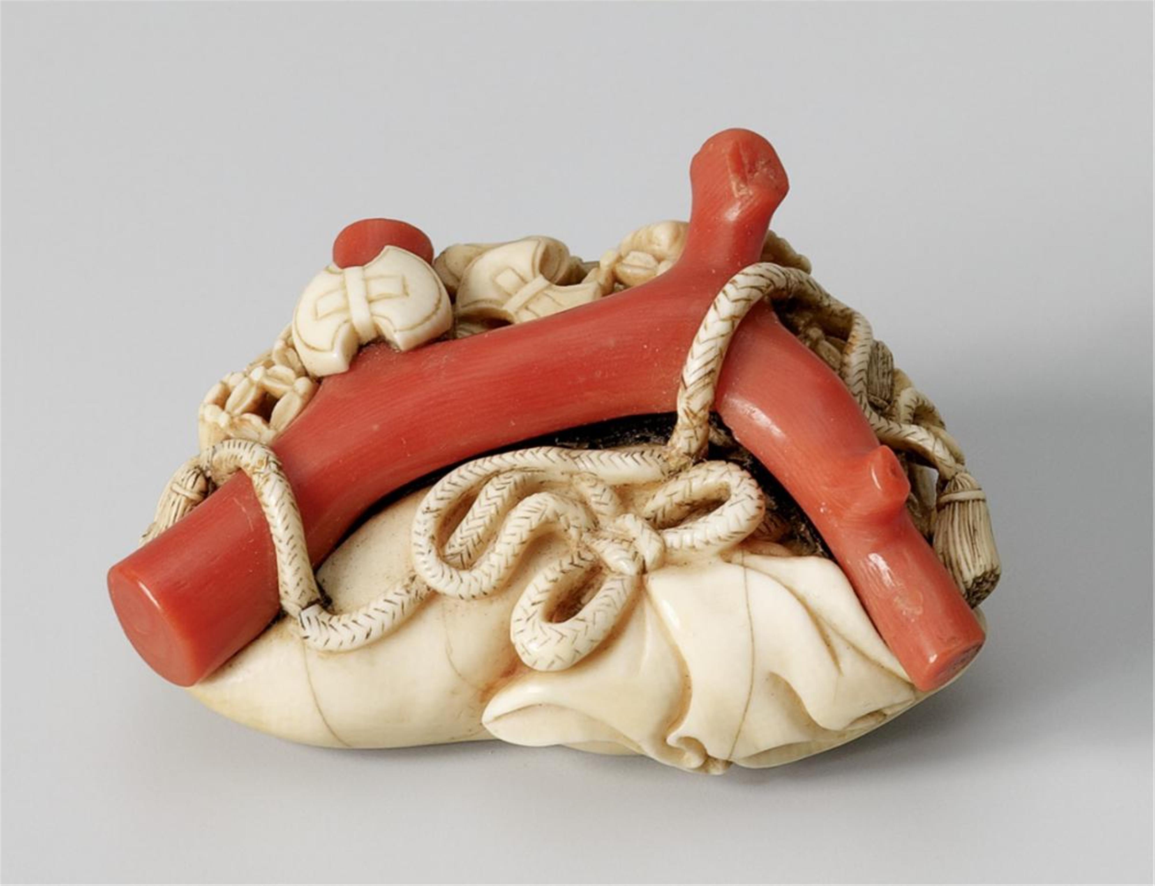 A fine ivory netsuke of takaramono and a coral branch. Second half 19th century - image-1