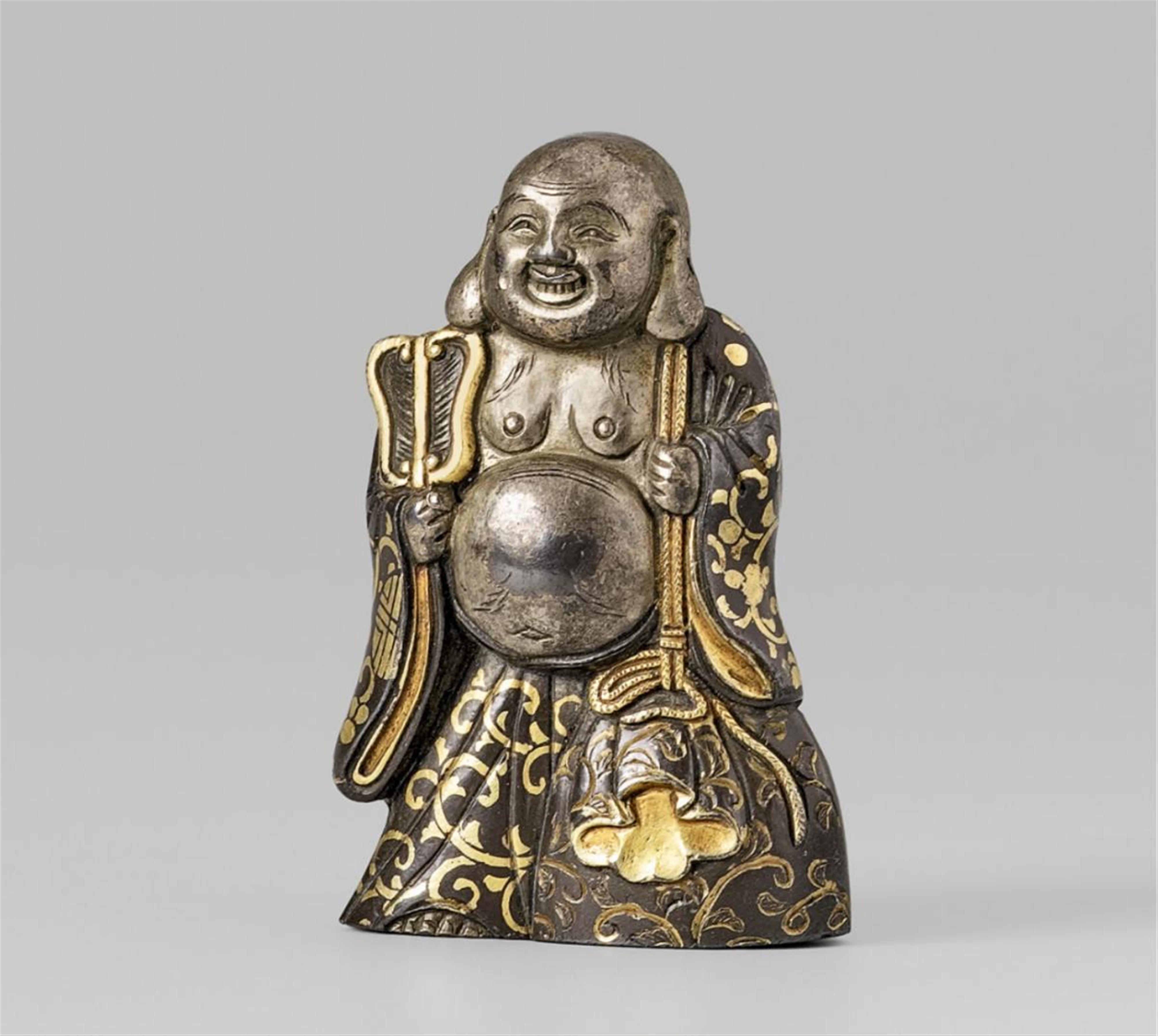 A partly silvered shibuichi netsuke of Hotei. Mid 19th century - image-1