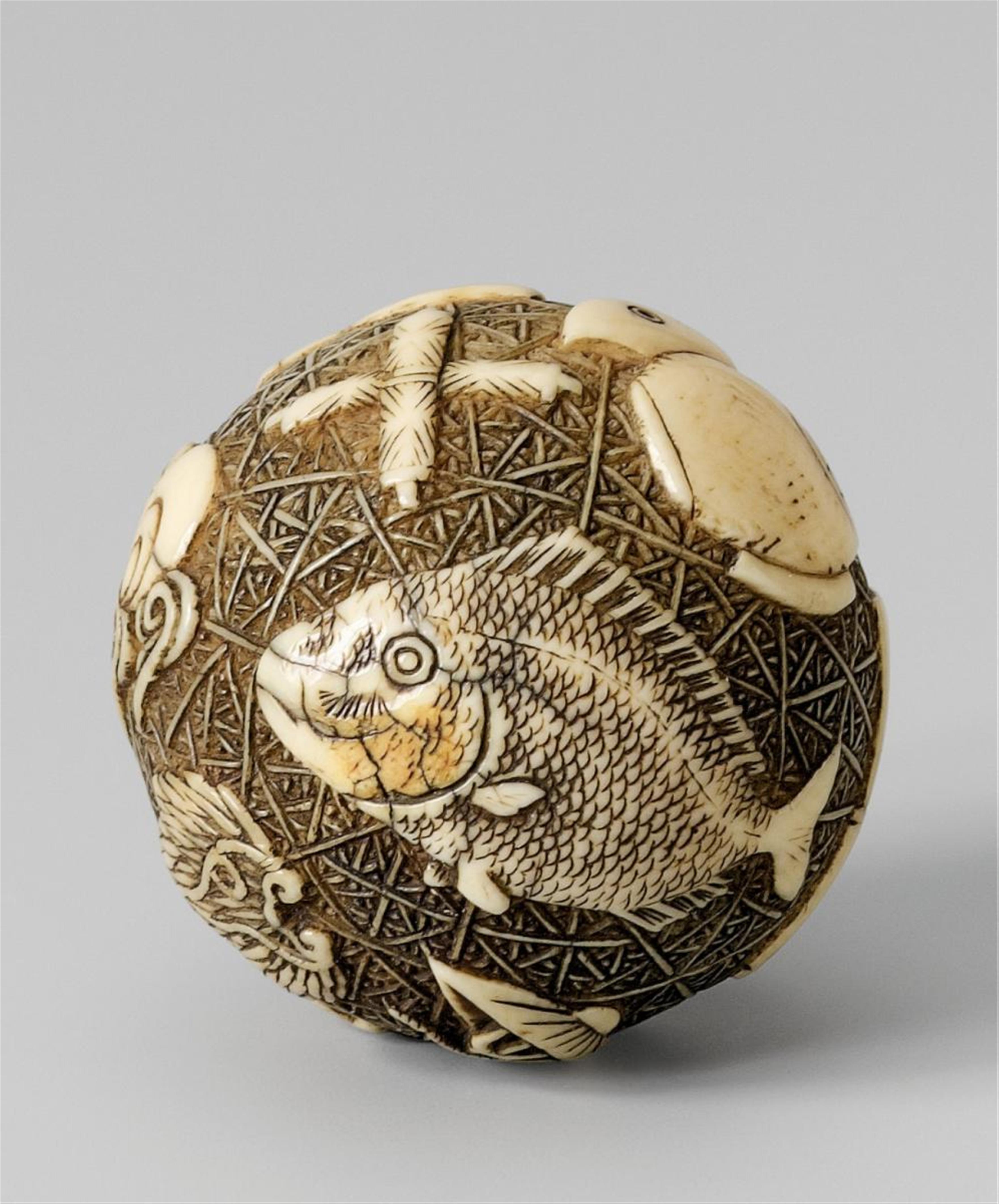 An unusual spherical ivory netsuke of takaramono. Late 19th century - image-1