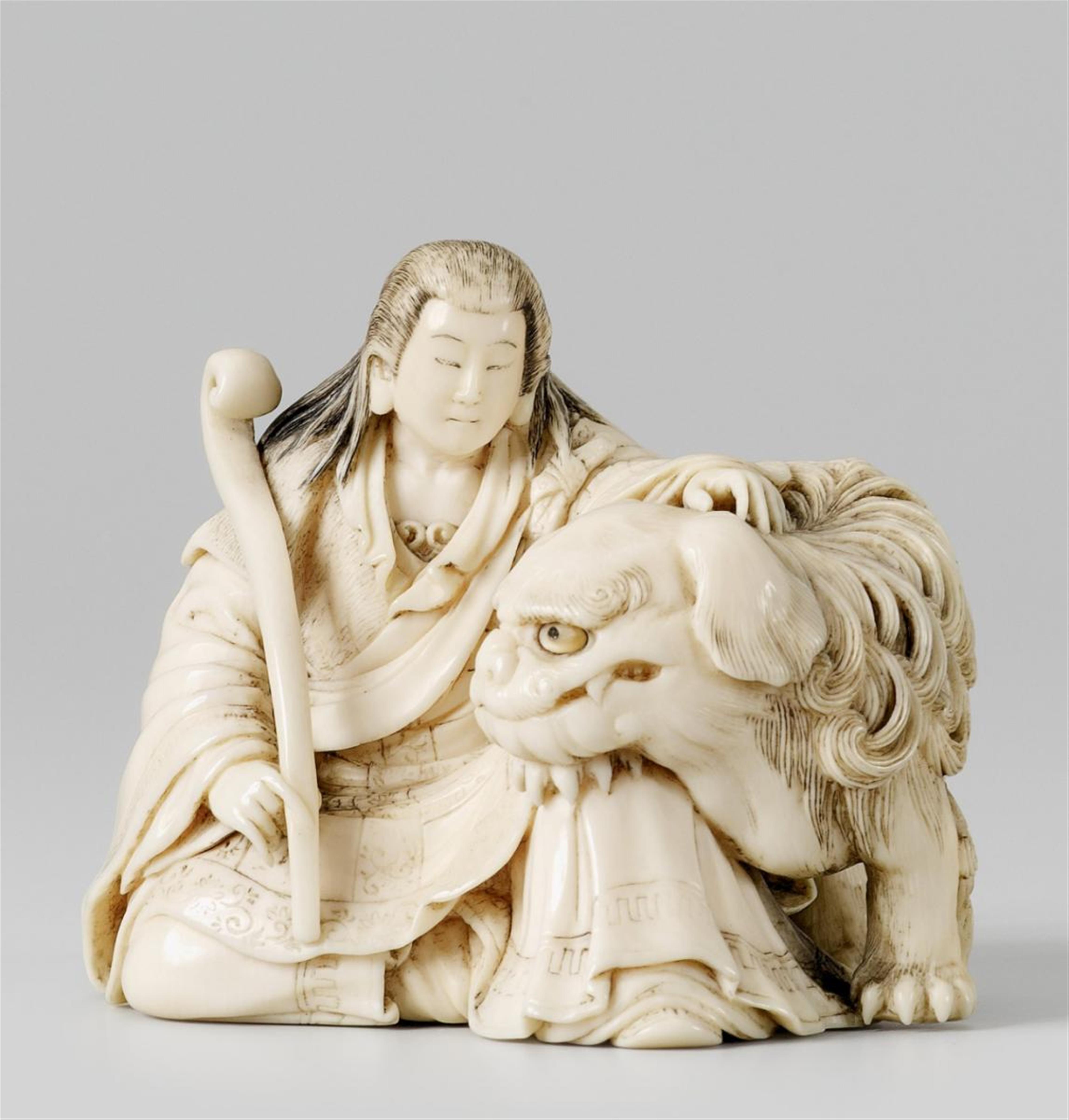 A fine ivory okimono of Monju Bosatsu. Second half 19th century - image-1