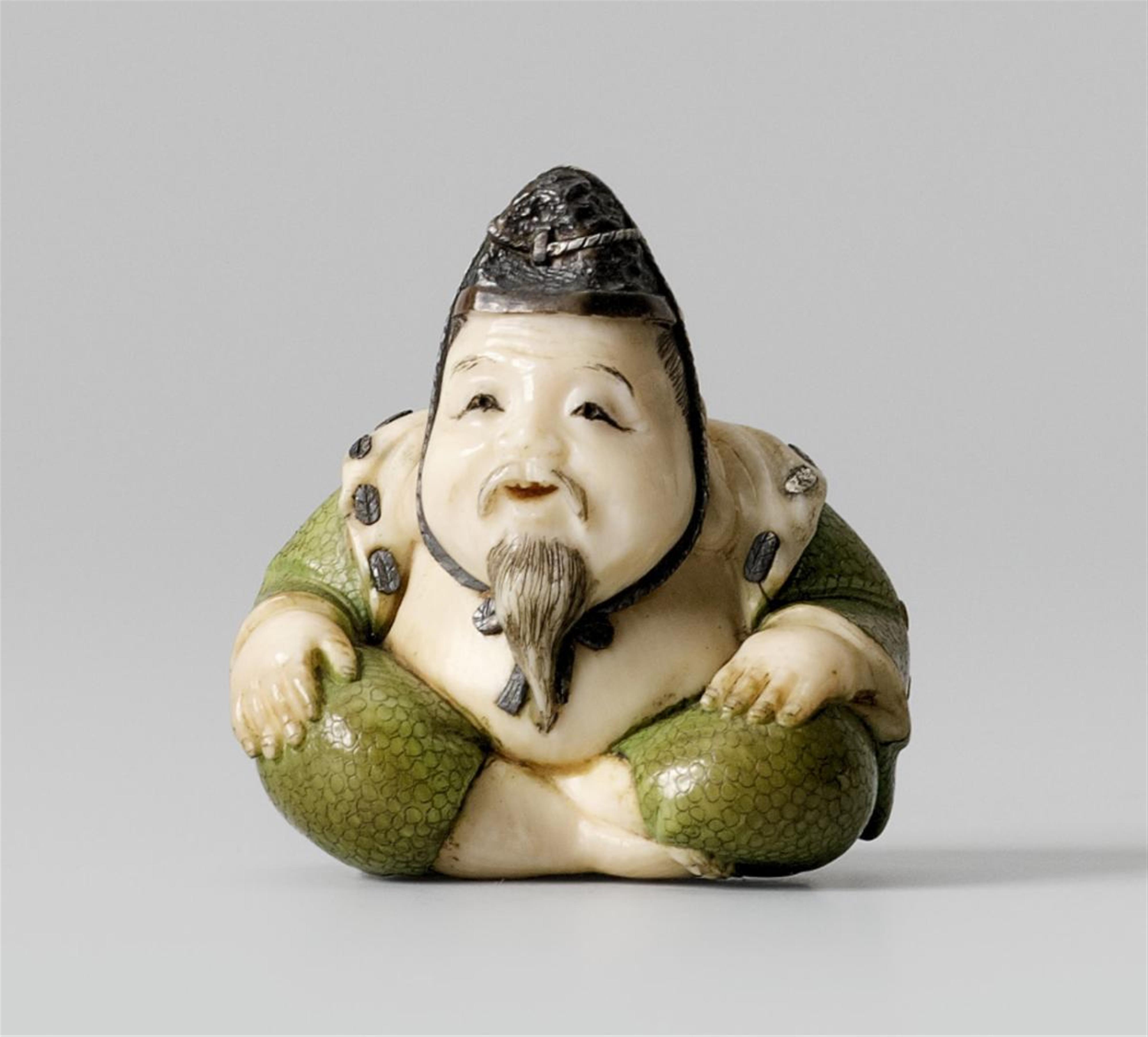 A fine Tokyo school stained and inlaid netsuke of Ebisu, by Yasuaki. Late 19th century - image-1
