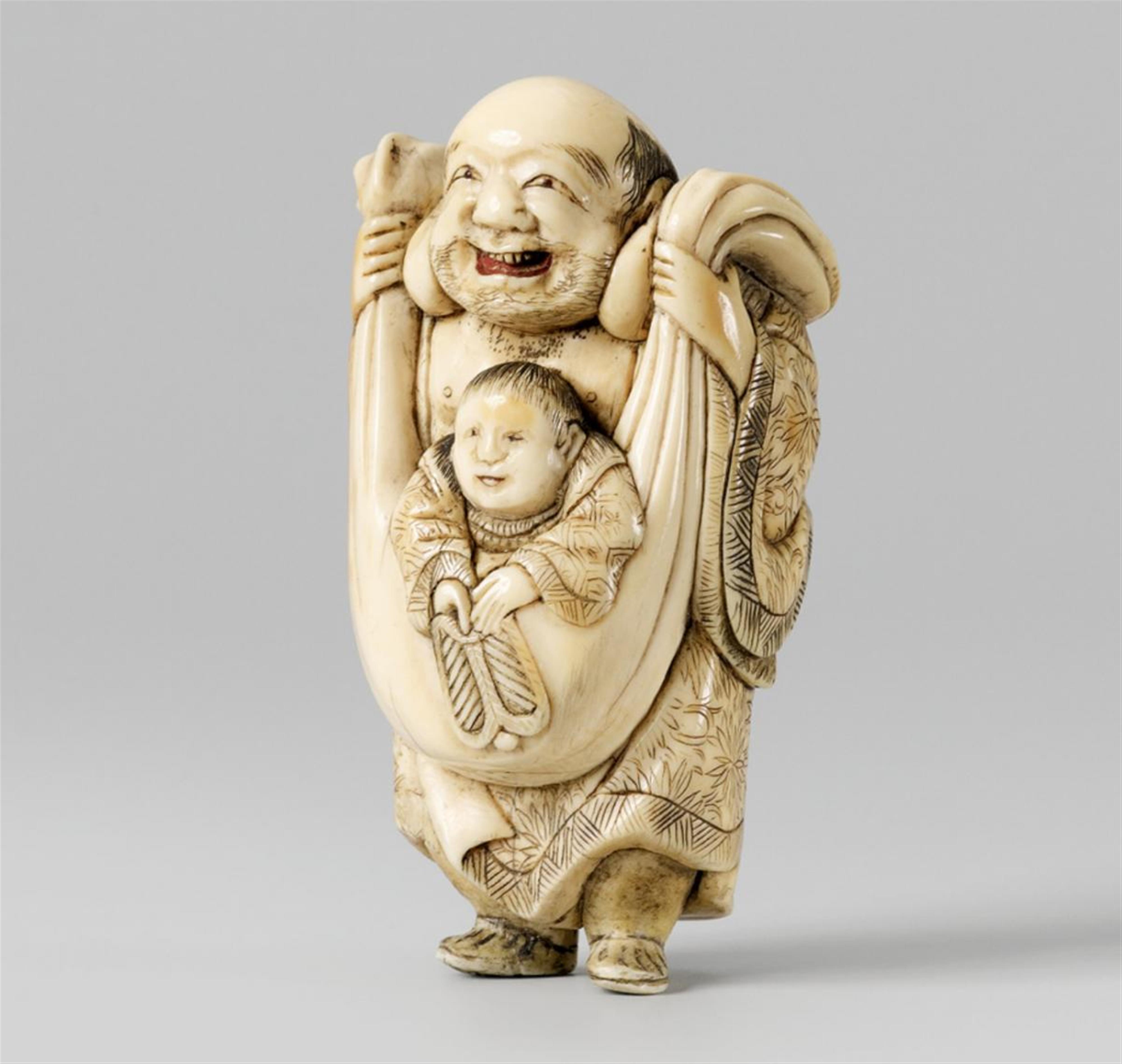 A massive ivory netsuke of Hotei with a karako, by Masamori. Late 18th century - image-1