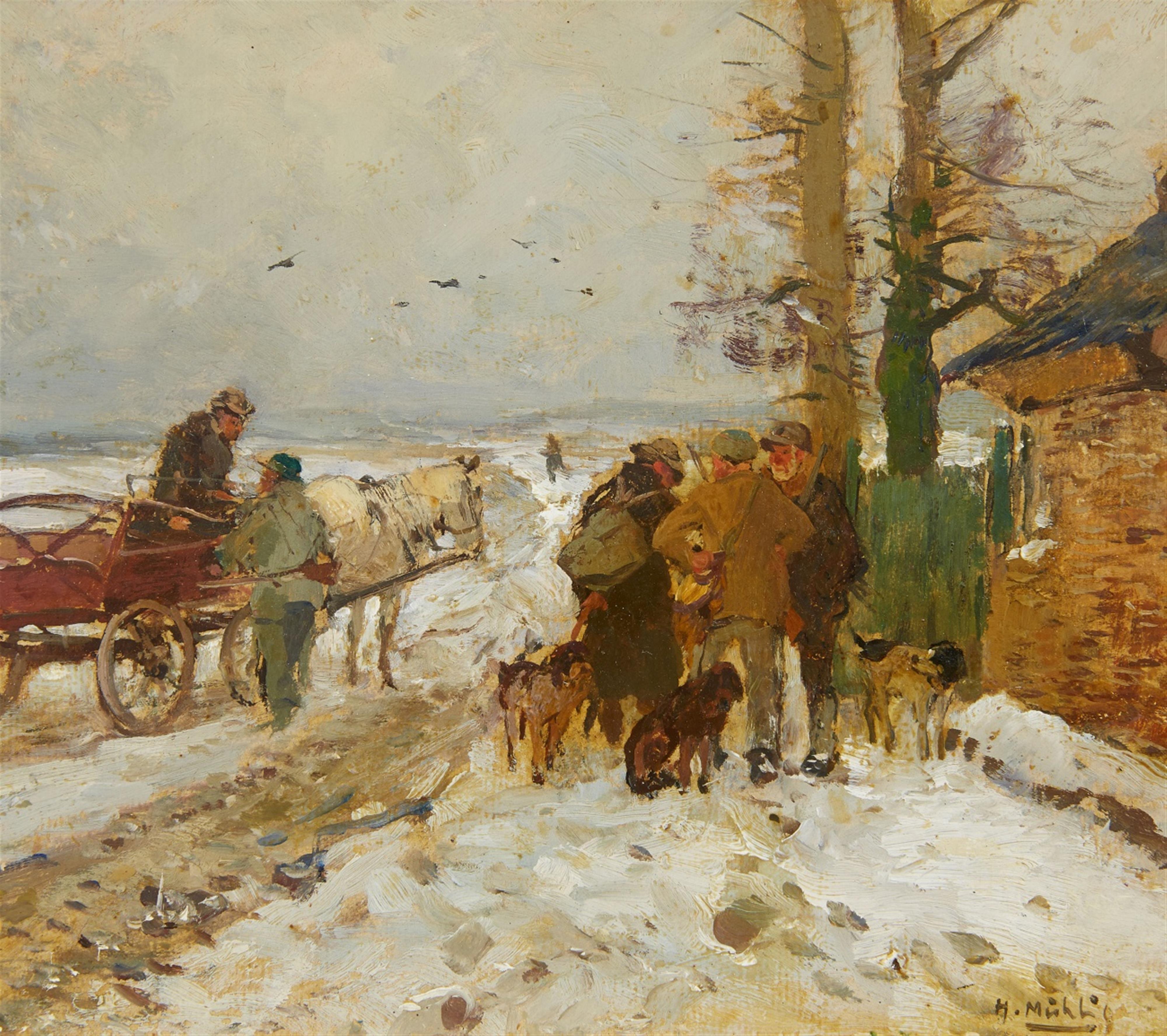 Hugo Mühlig - A Winter Landscape with Hunters - image-1