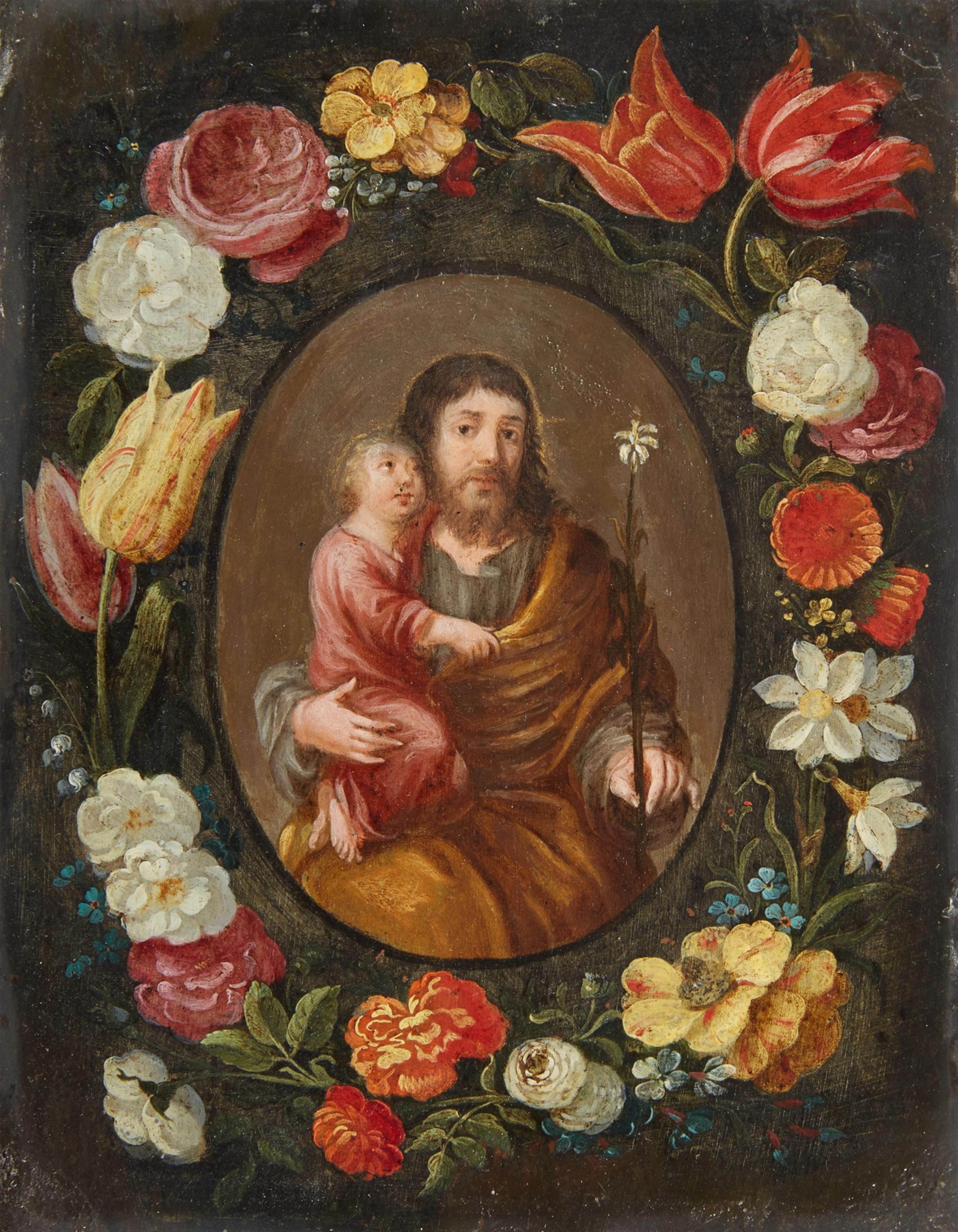 Flemish School of the 17th century - Saint Joseph and the Christ Child in a Floral Wreath - image-1