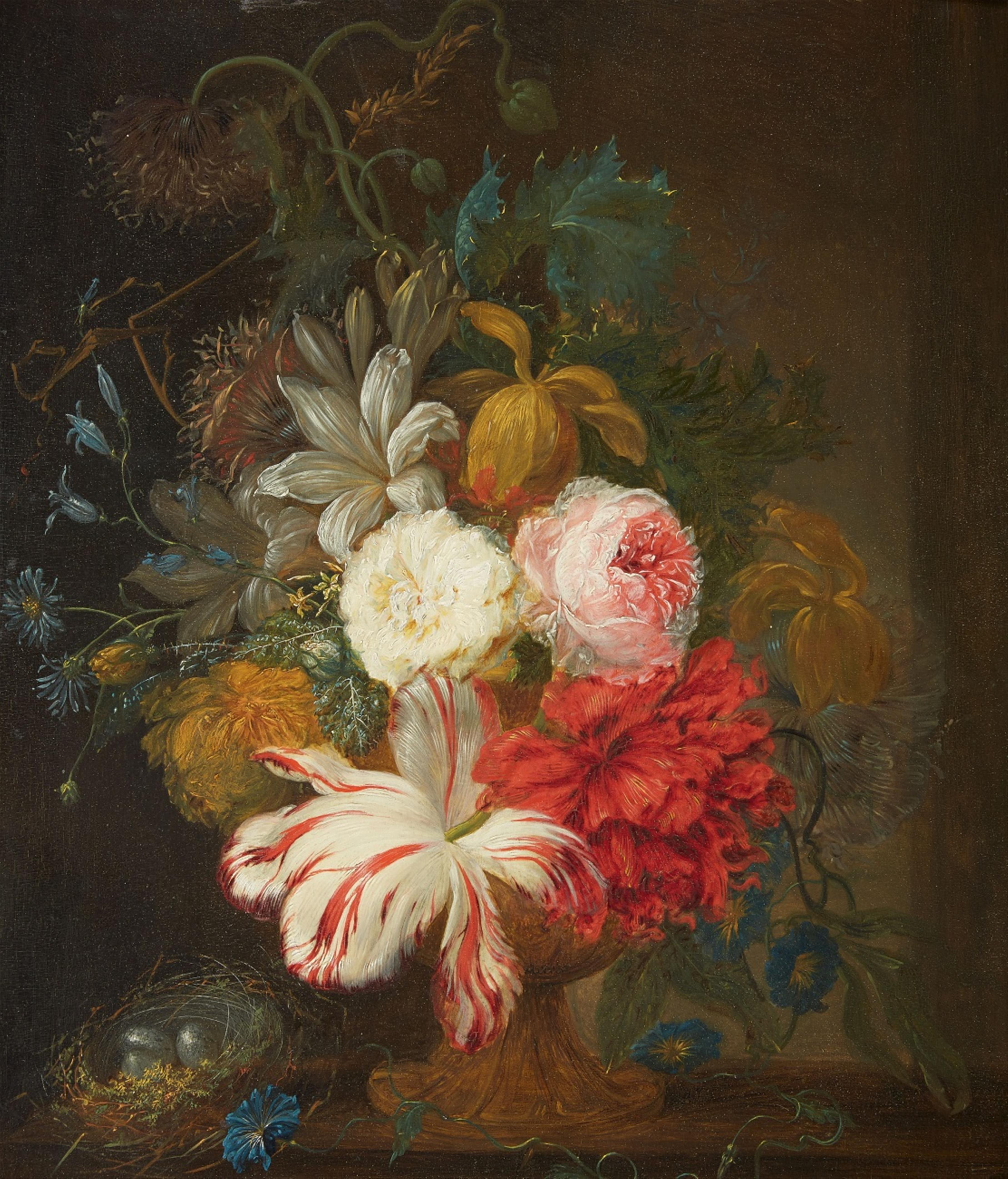 Netherlandish School circa 1700 - Still Life with a Vase of Flowers and a Bird's Nest - image-1