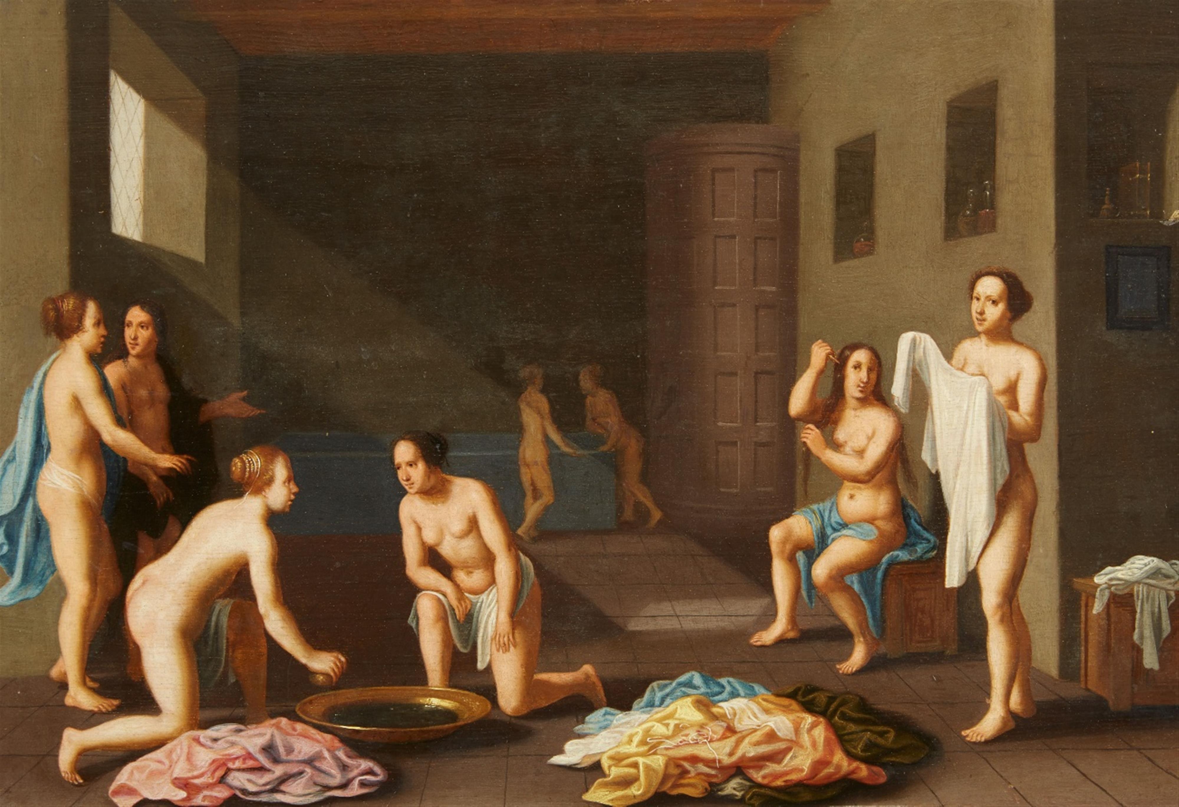 Probably Northern France circa 1600 - Interior with Women Bathing - image-1