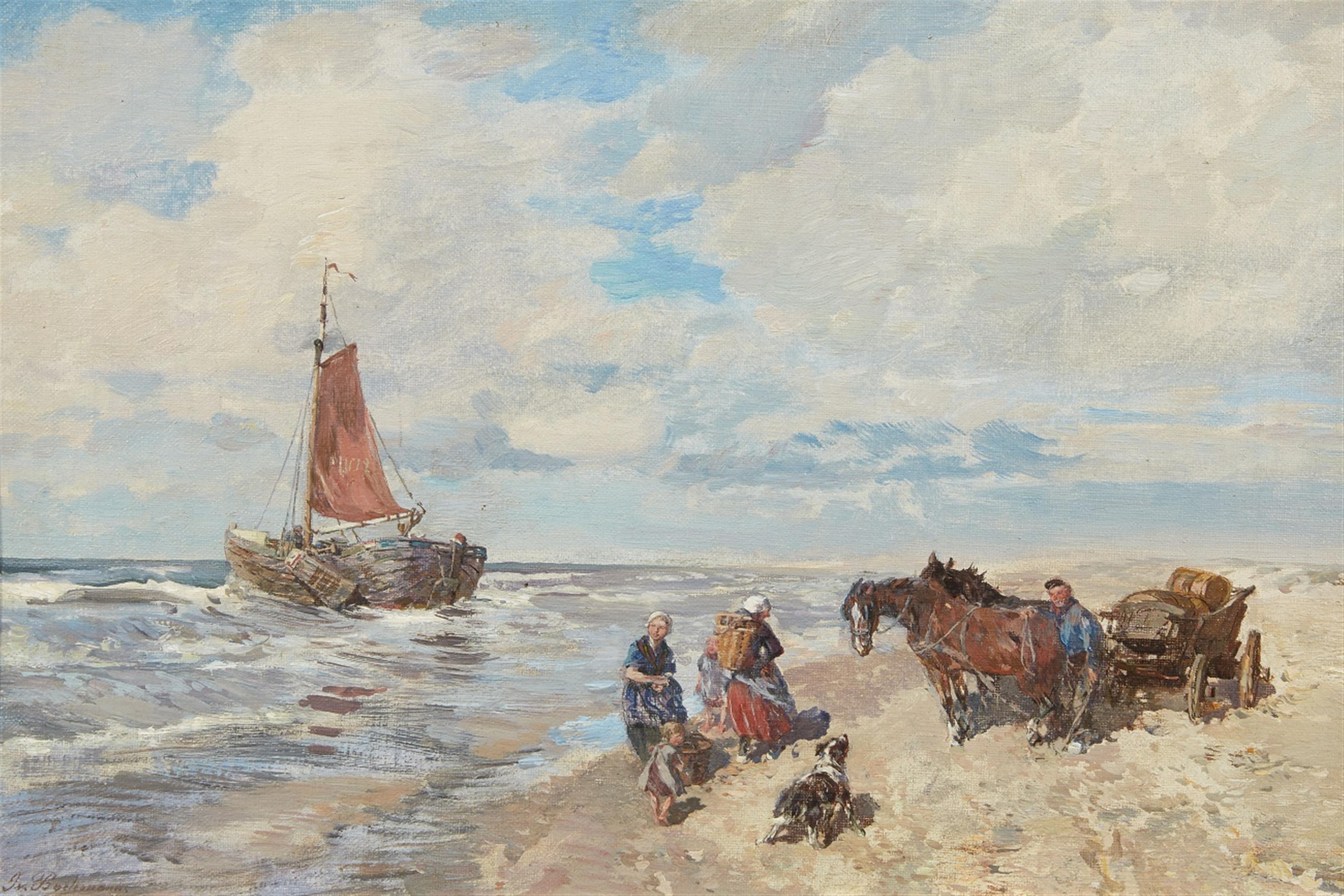 Gregor von Bochmann - Coastal Landscape with a Cart and Sailing Boat - image-1