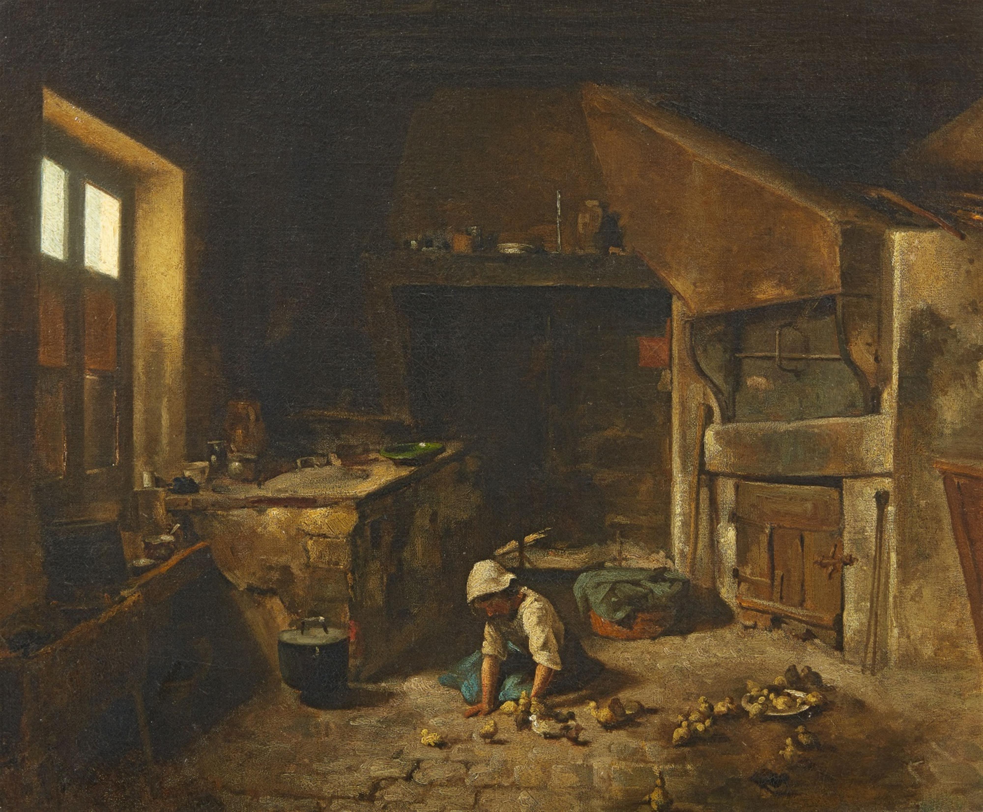 Französischer Meister des 19. Jahrhunderts - Junges Mädchen in einer Küche, Küken fütternd - image-1