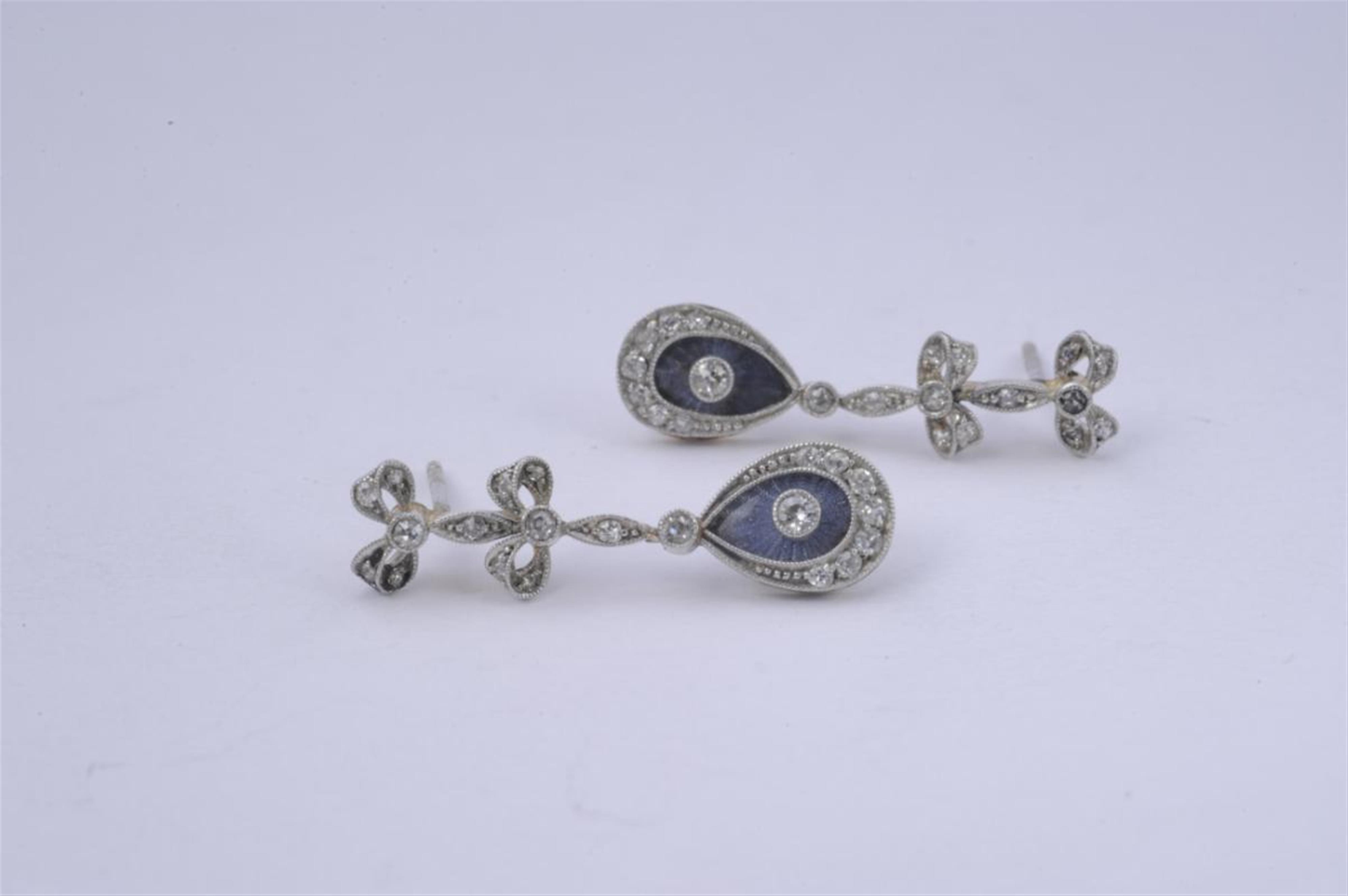 A pair of gold, platinum and enamel Belle Epoque pendant earrings. - image-1