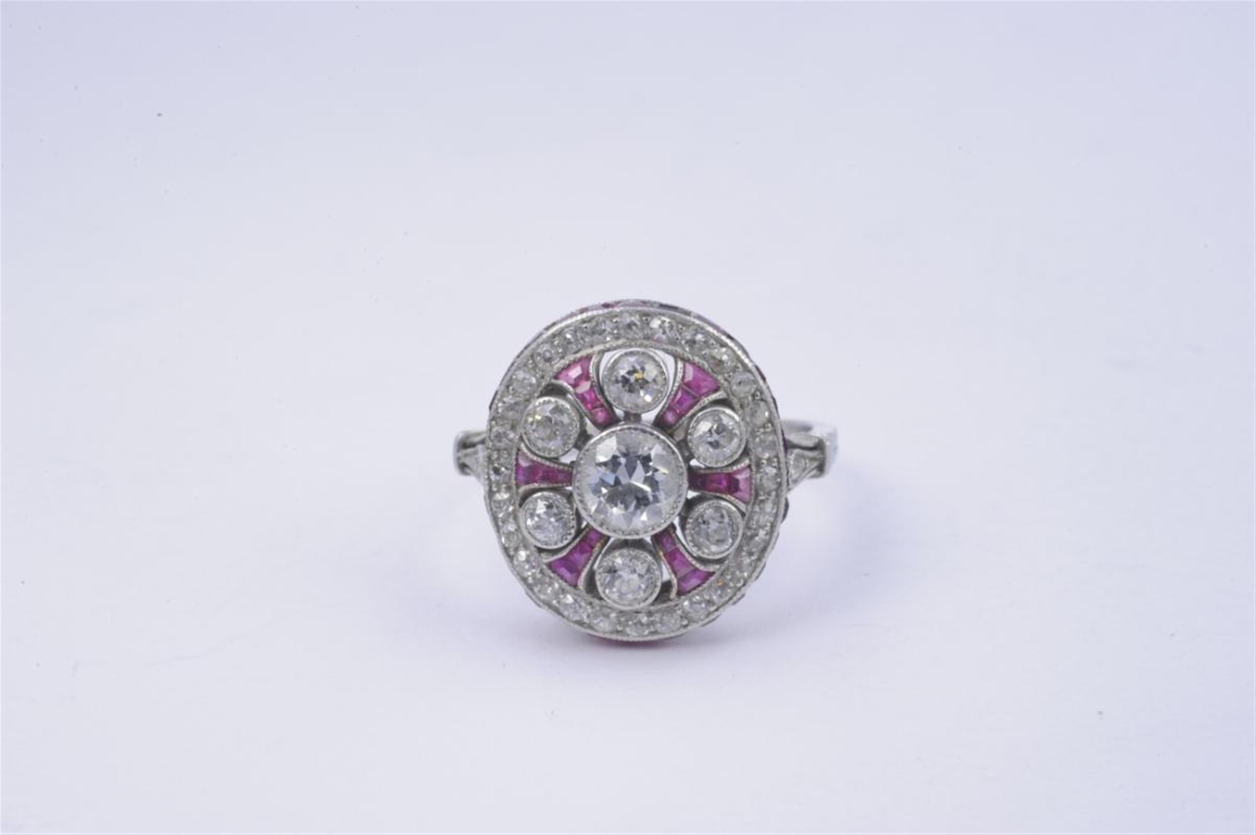 A 14k white gold, ruby and diamond Art Déco cluster ring - image-1