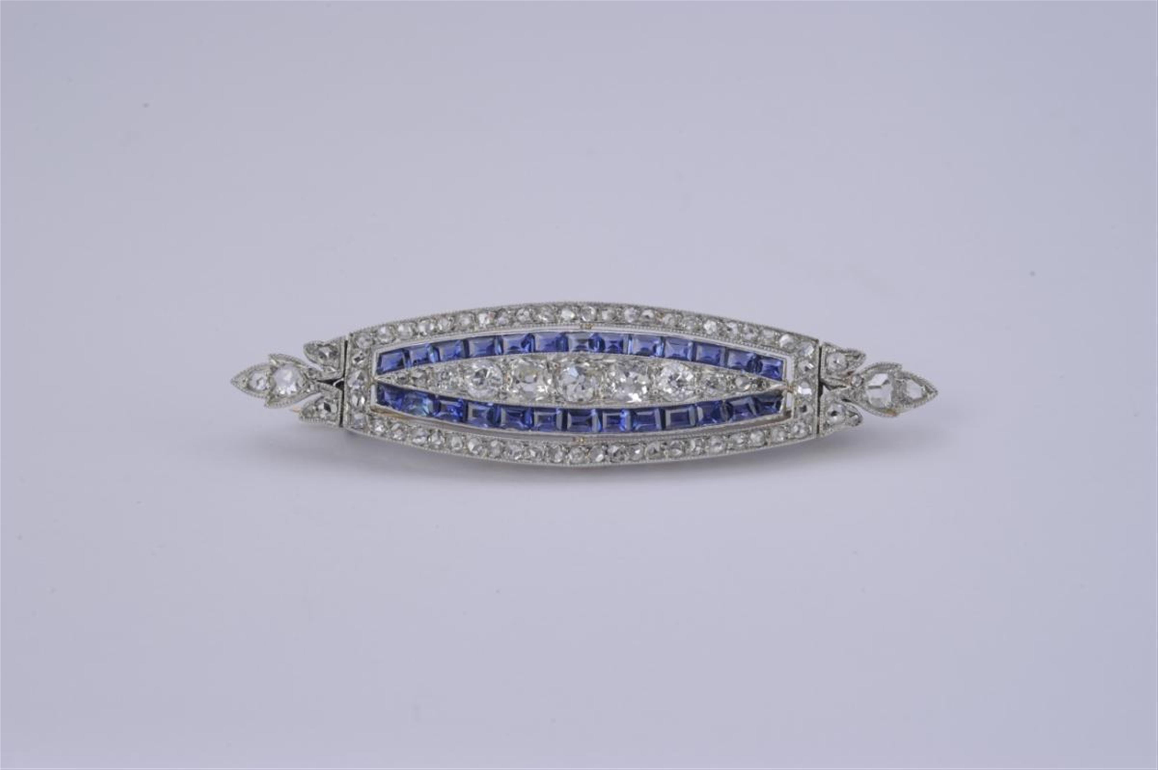 A platinum, 18k gold and diamond Belle Epoqué navette form brooch - image-1