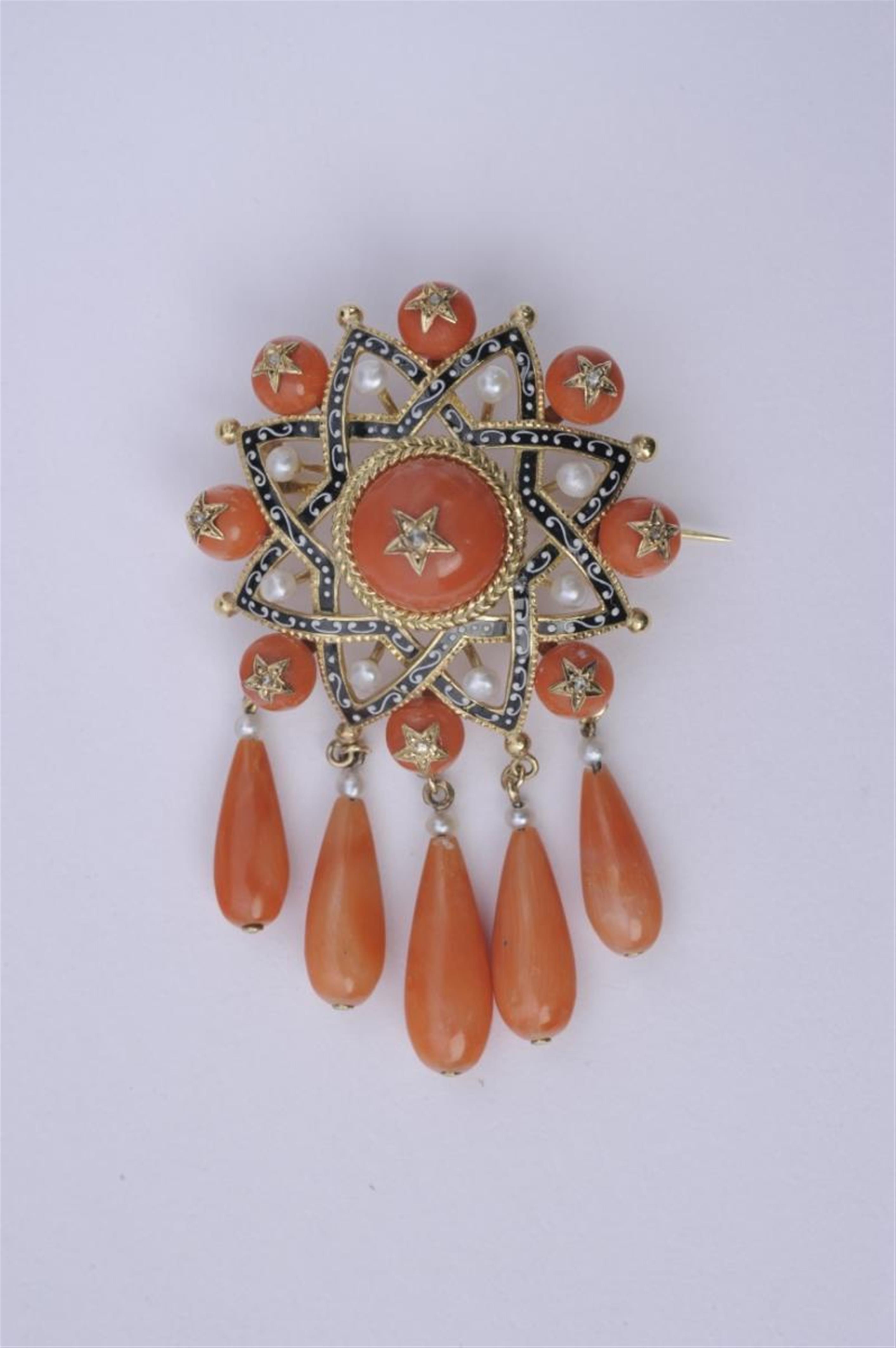 A French 18k gold and enamel Etruscan Revival coral brooch. - image-1