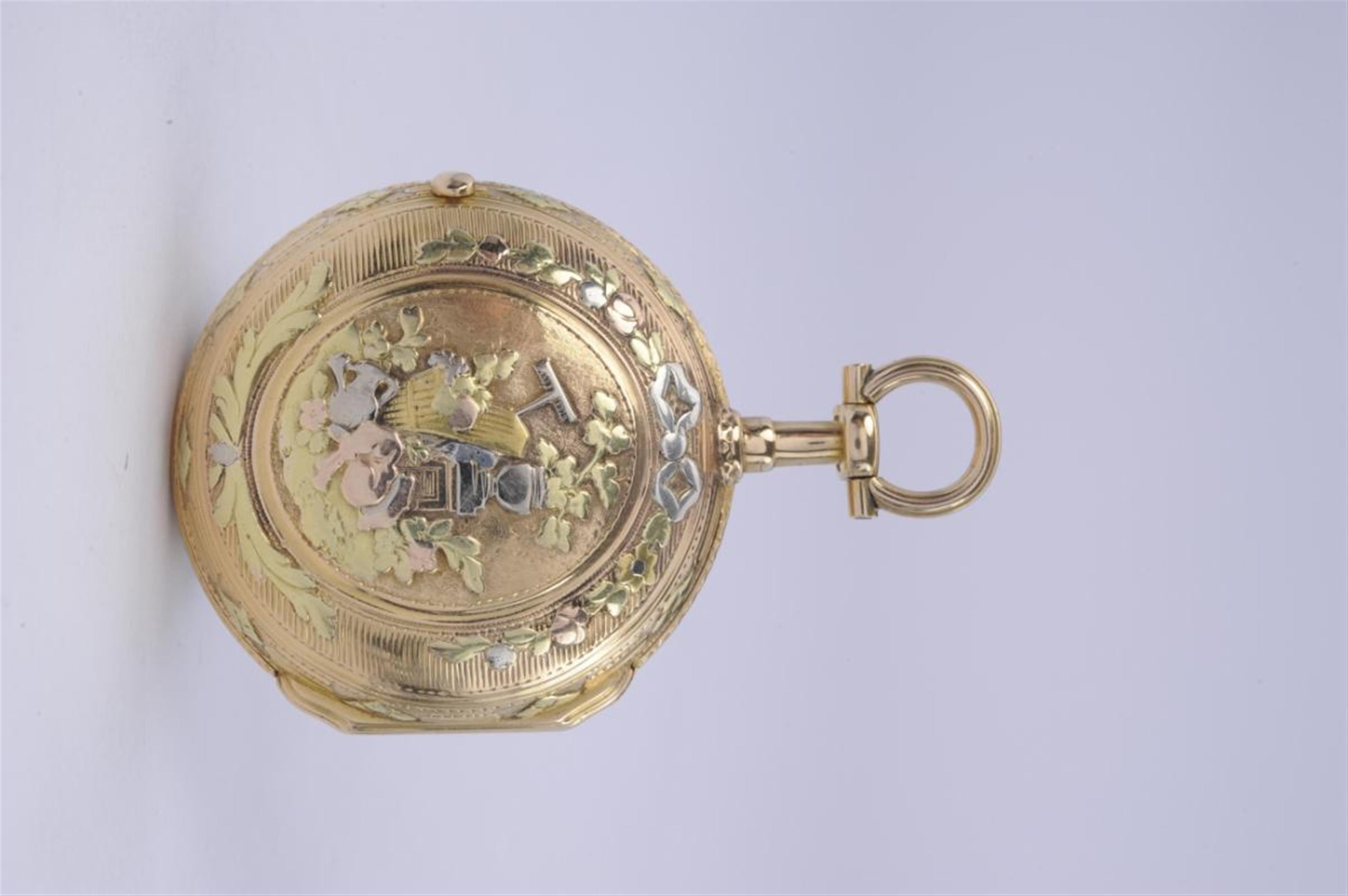 An 18k tri-coloured gold Louis XVI openface pocket watch. - image-5