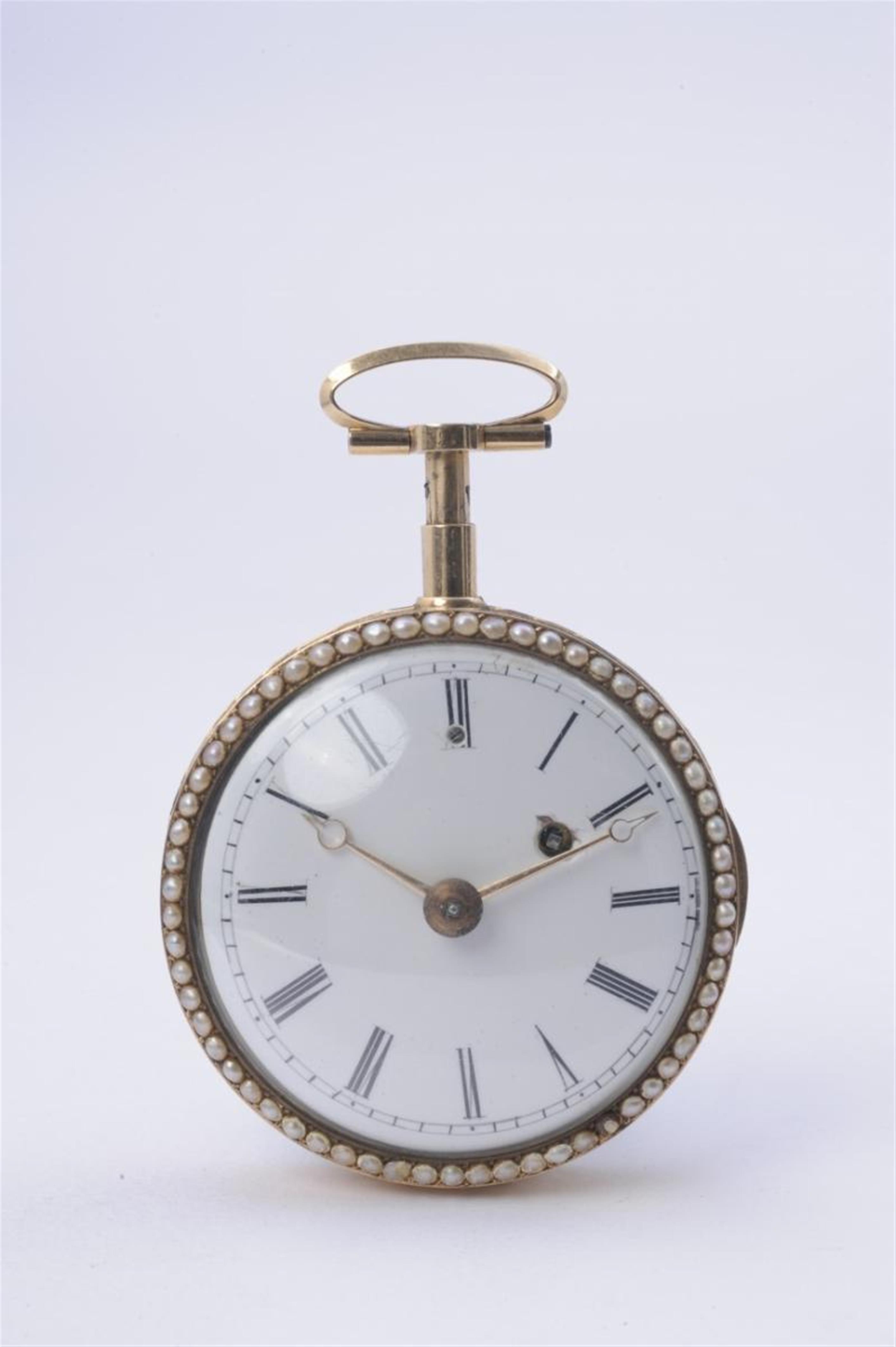 A gold enamel openface repeating pocket watch. - image-2
