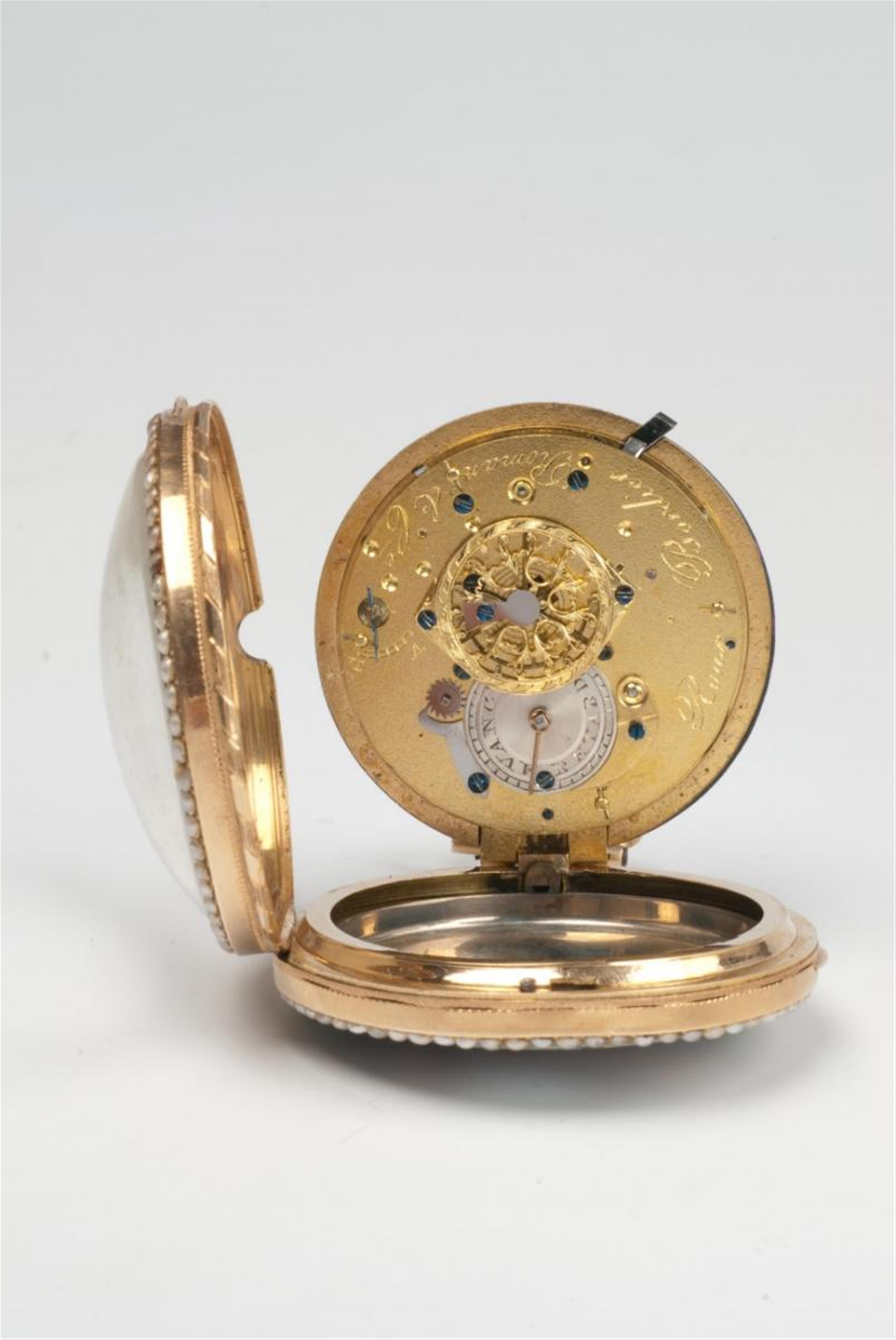 A gold enamel openface repeating pocket watch. - image-4