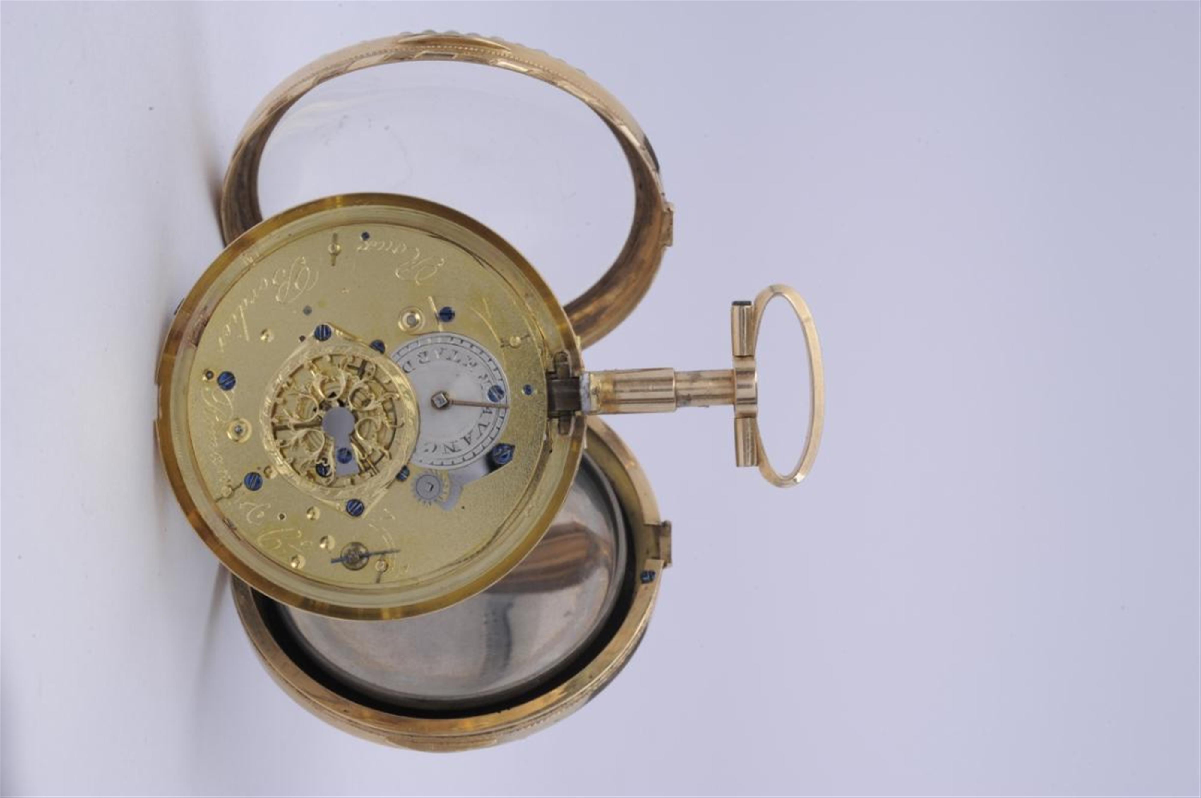 A gold enamel openface repeating pocket watch. - image-5