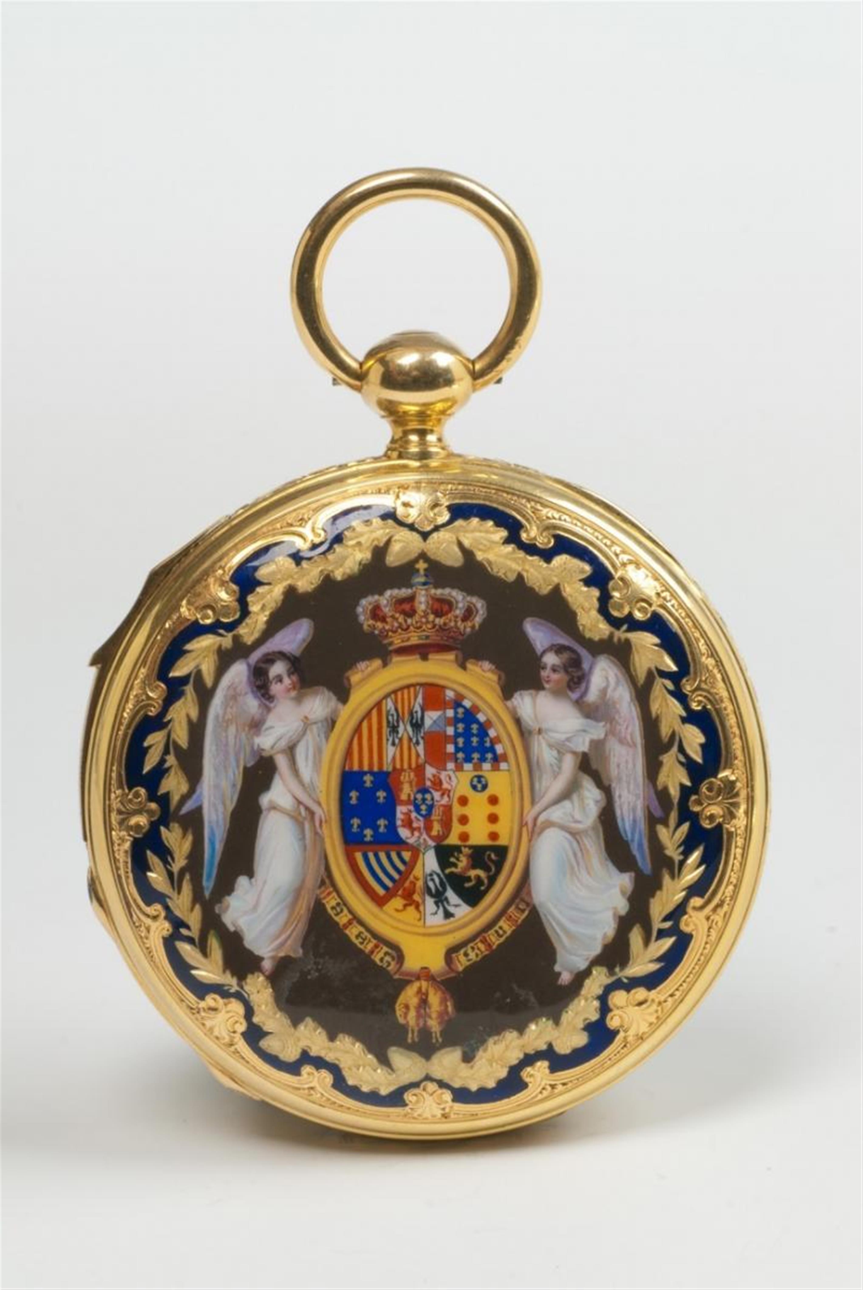 An important British 18k yellow gold and enamel Royal presentation watch on the occasion of the marriage of Queen Isabella II of Spain. - image-2
