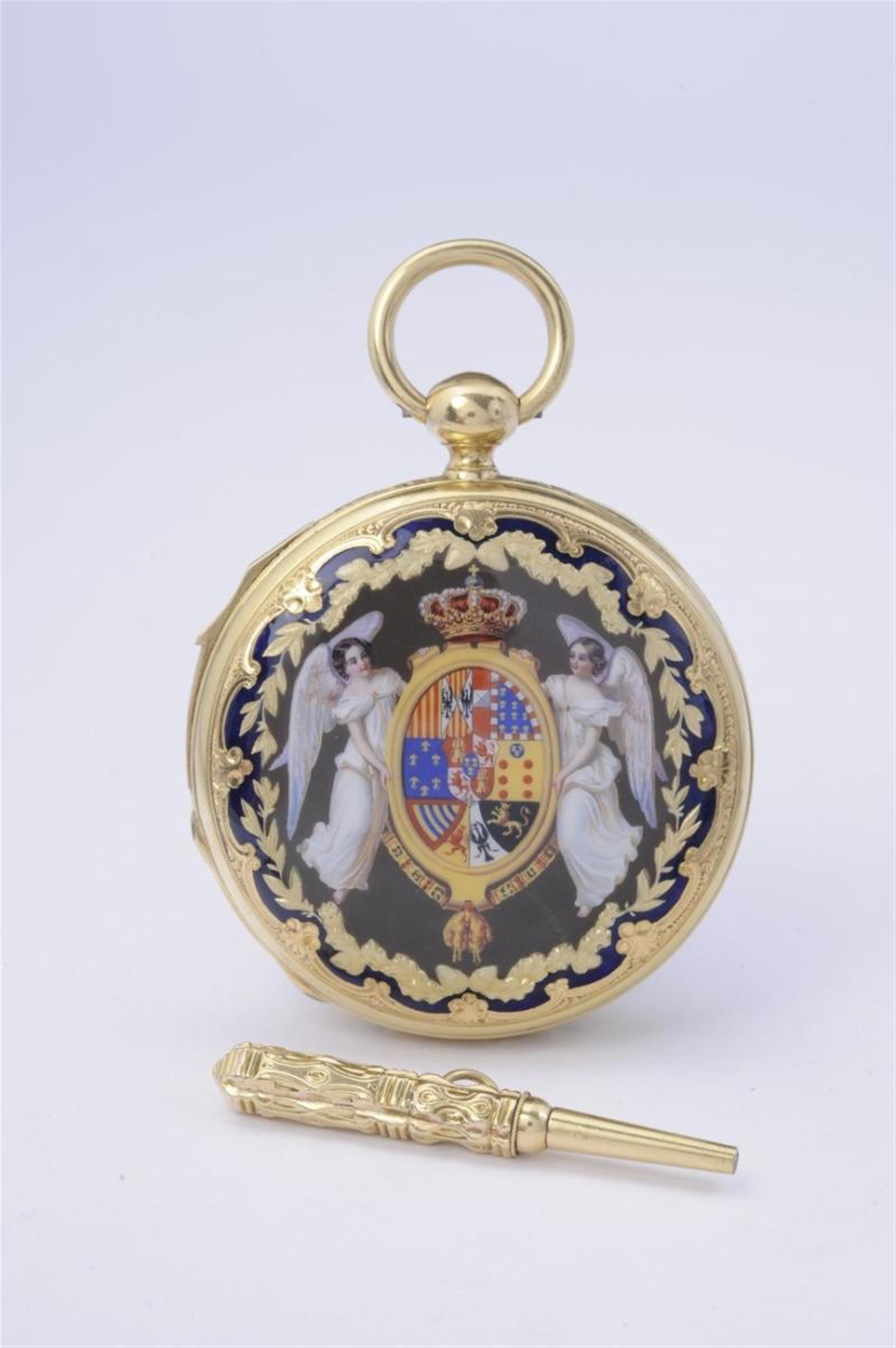 An important British 18k yellow gold and enamel Royal presentation watch on the occasion of the marriage of Queen Isabella II of Spain. - image-8