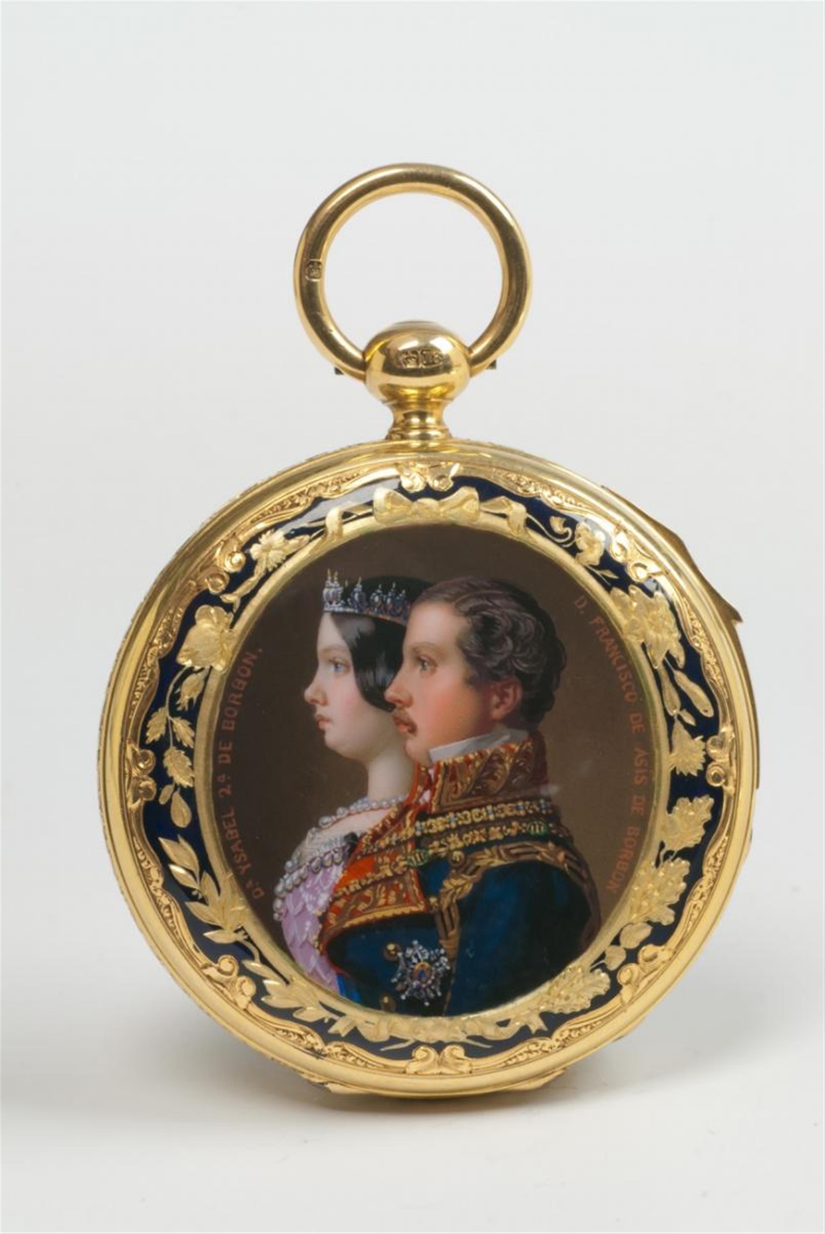 An important British 18k yellow gold and enamel Royal presentation watch on the occasion of the marriage of Queen Isabella II of Spain. - image-1