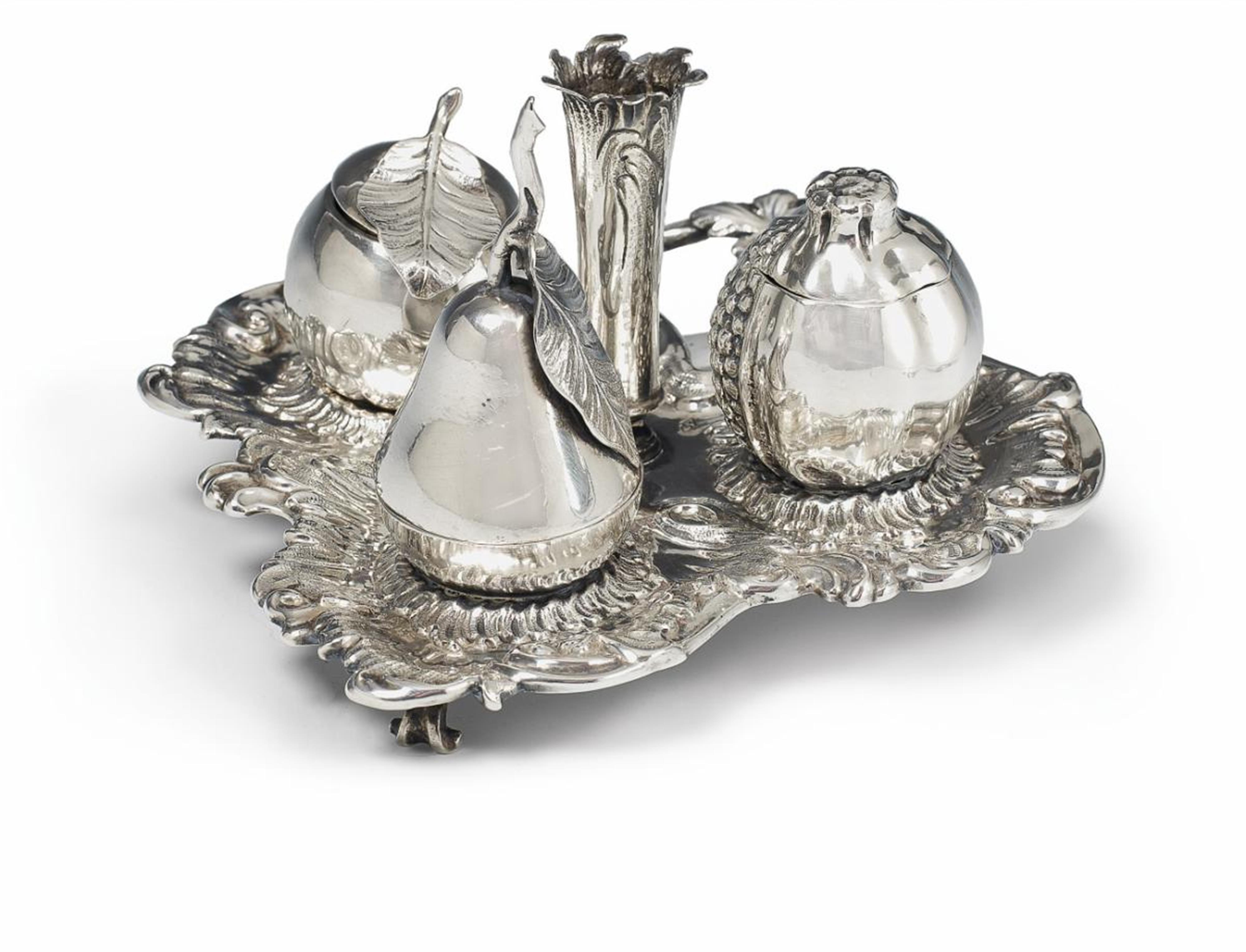 An Augsburg silver writing set. Comprising inkwell, sand caster, pen-stand and bell on a tray. Marks of Johann Jakob Adam, 1771 - 73. - image-1