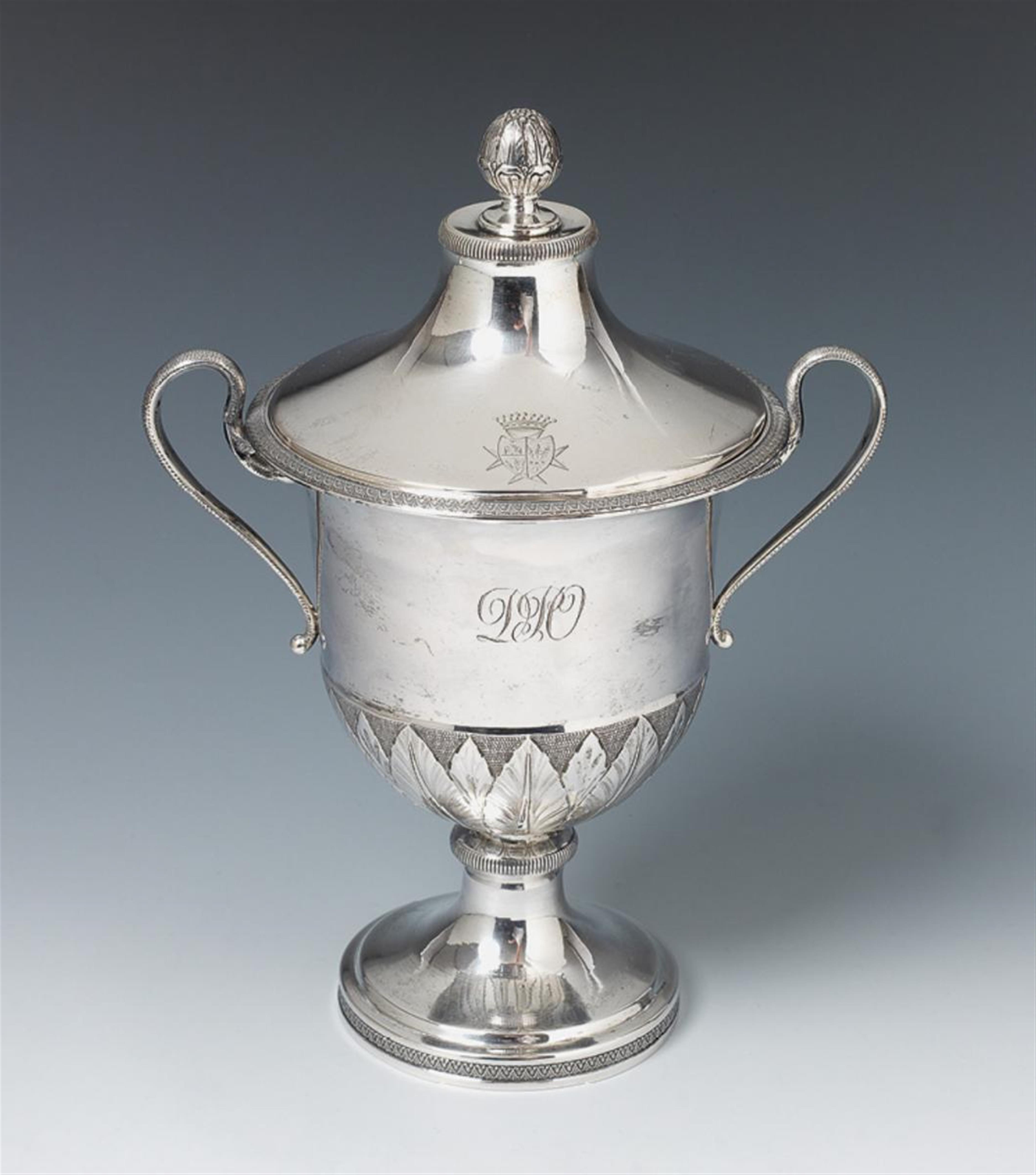 A Neoclassical silver chalice and cover. Monogrammed "DPO". Probably German, unmarked, ca. 1830. - image-1