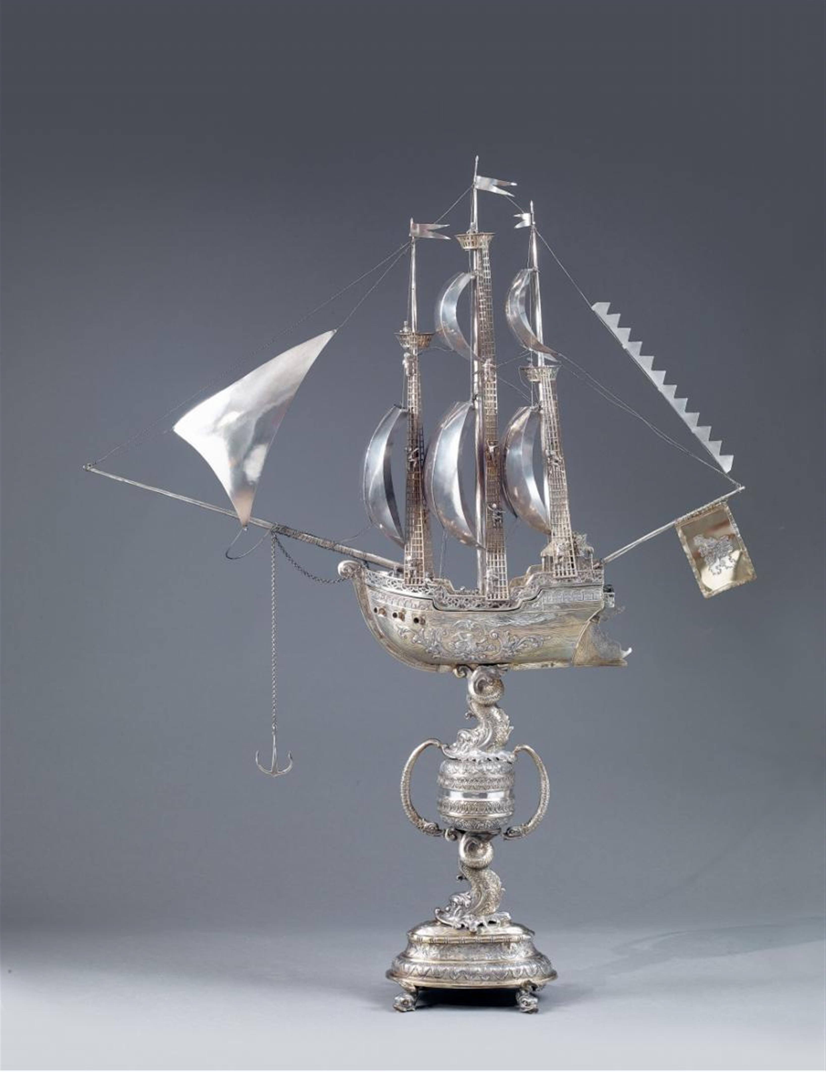 A large German silver table centrepiece formed as a galleon. Unidentified maker's mark "VSH" in a shield with a swan, ca. 1900. - image-1