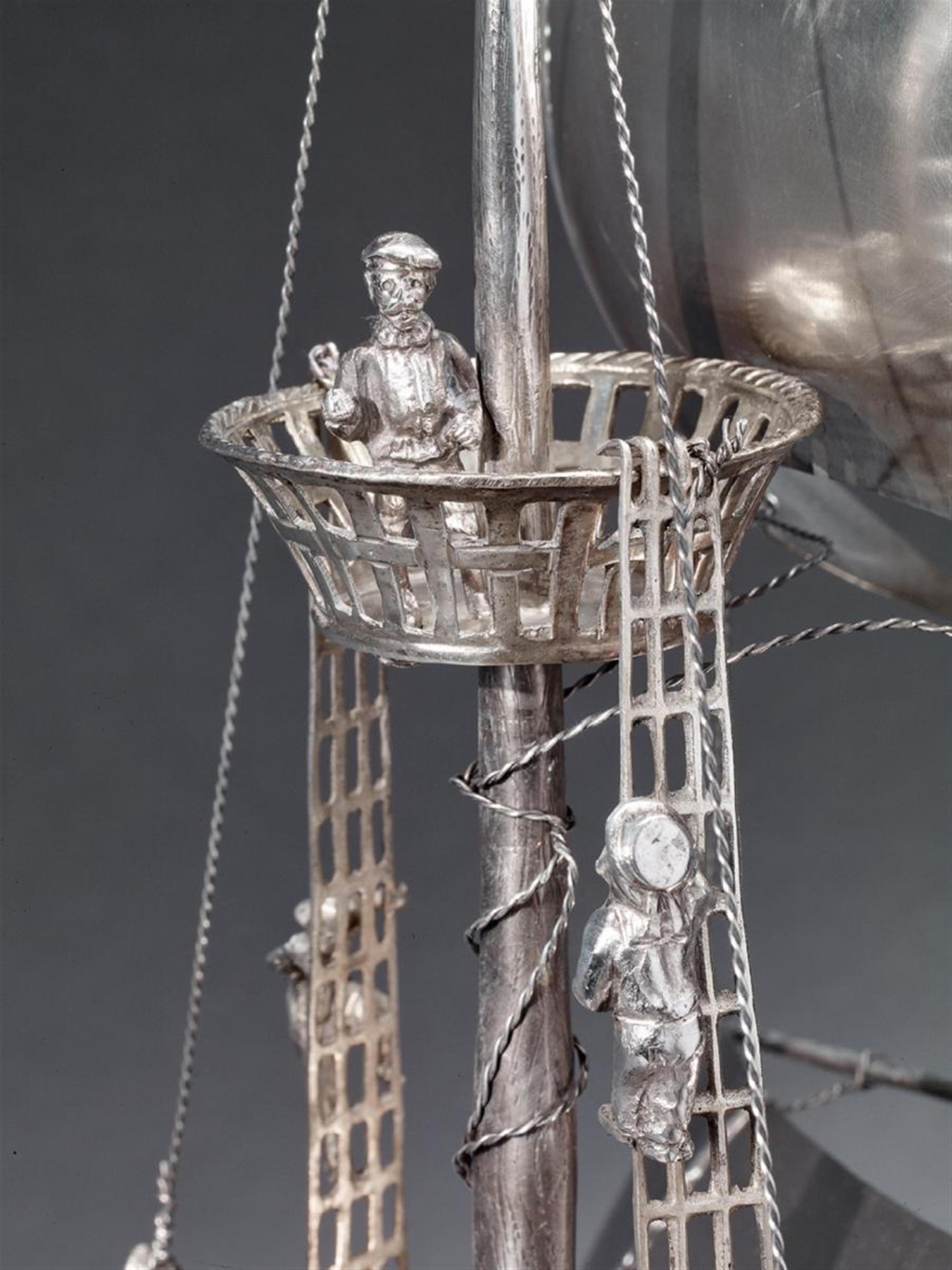 A large German silver table centrepiece formed as a galleon. Unidentified maker's mark "VSH" in a shield with a swan, ca. 1900. - image-2
