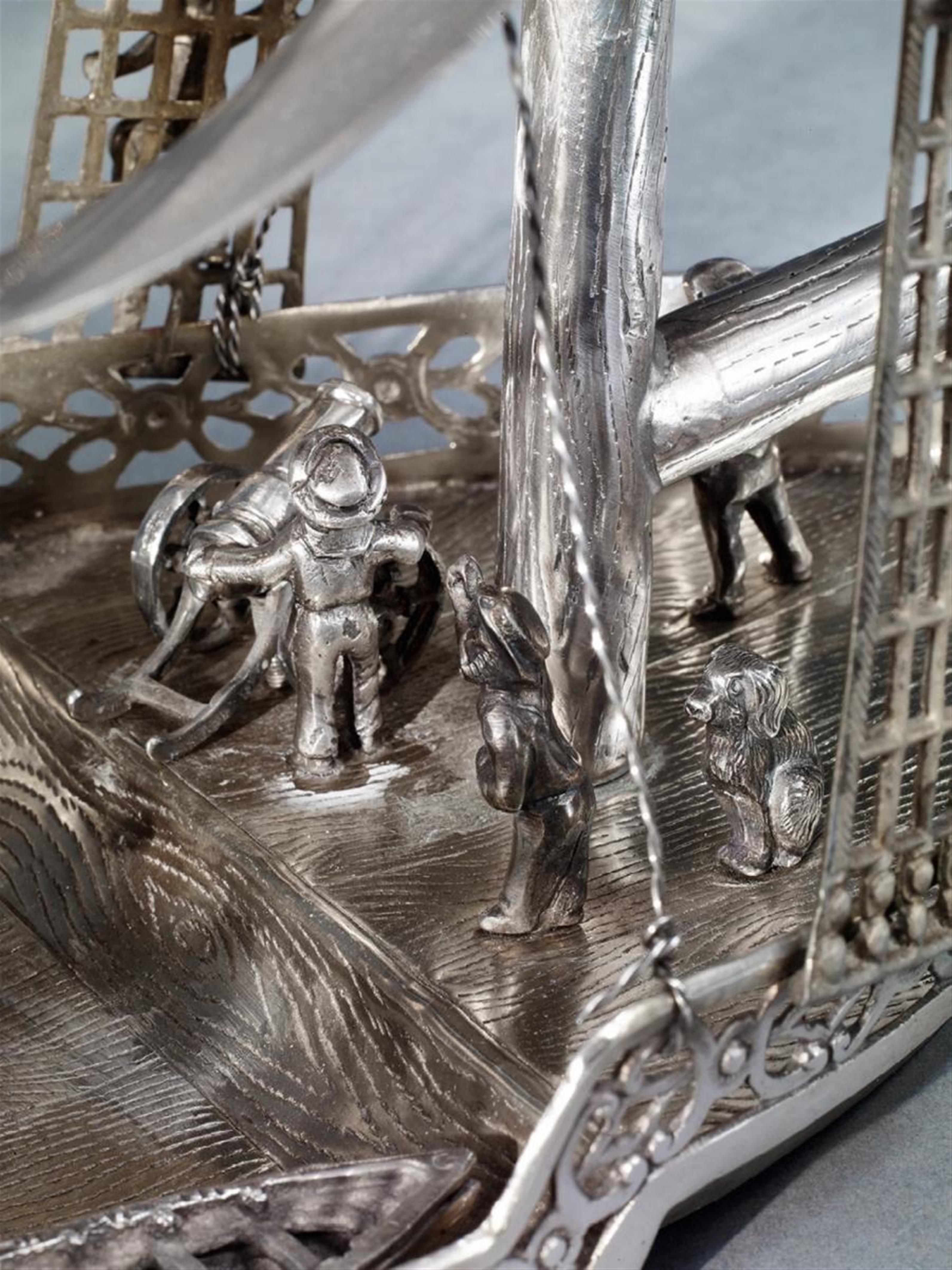A large German silver table centrepiece formed as a galleon. Unidentified maker's mark "VSH" in a shield with a swan, ca. 1900. - image-3