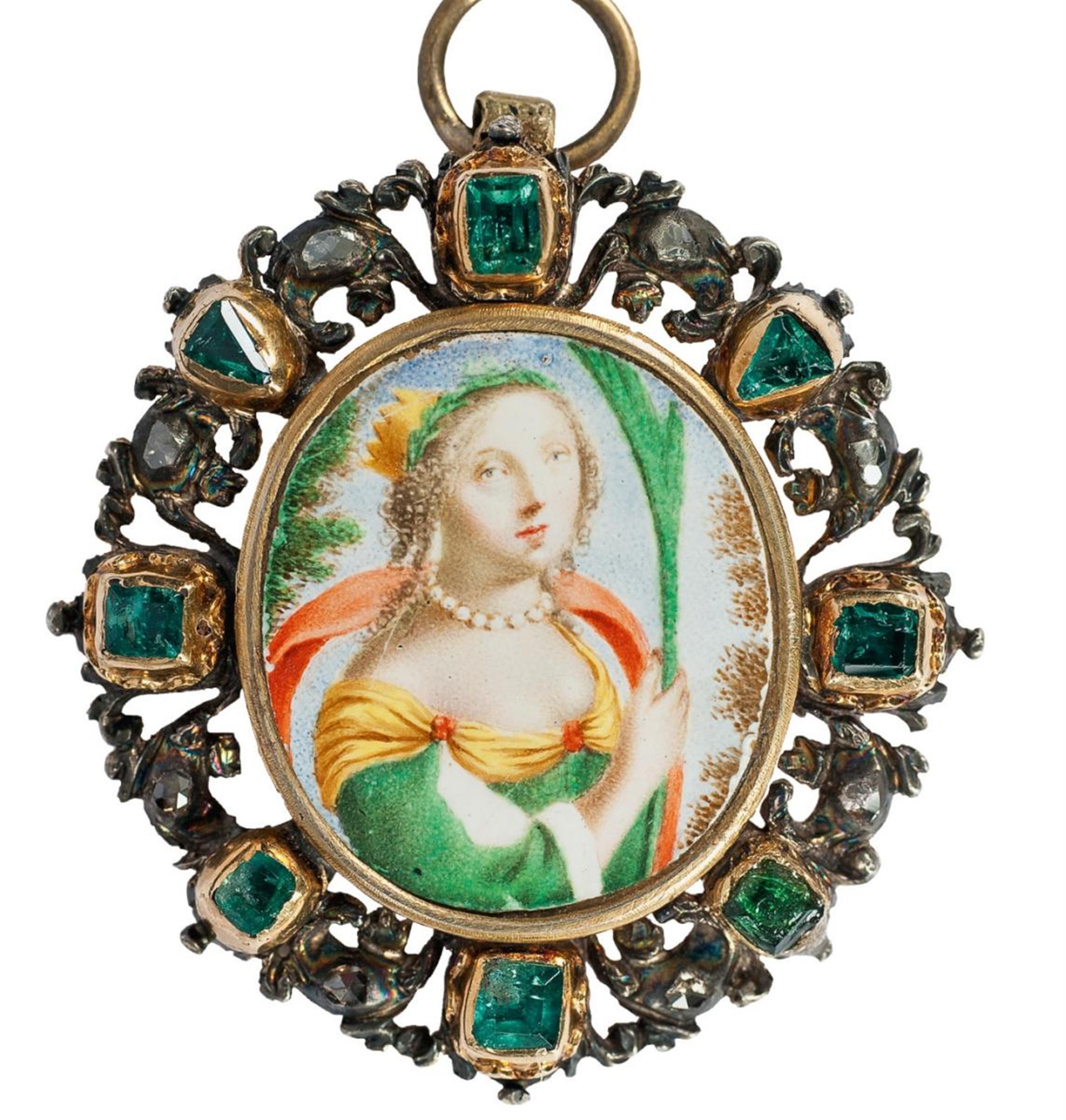 A pendant with a double-sided enamel on copper miniature. - image-1