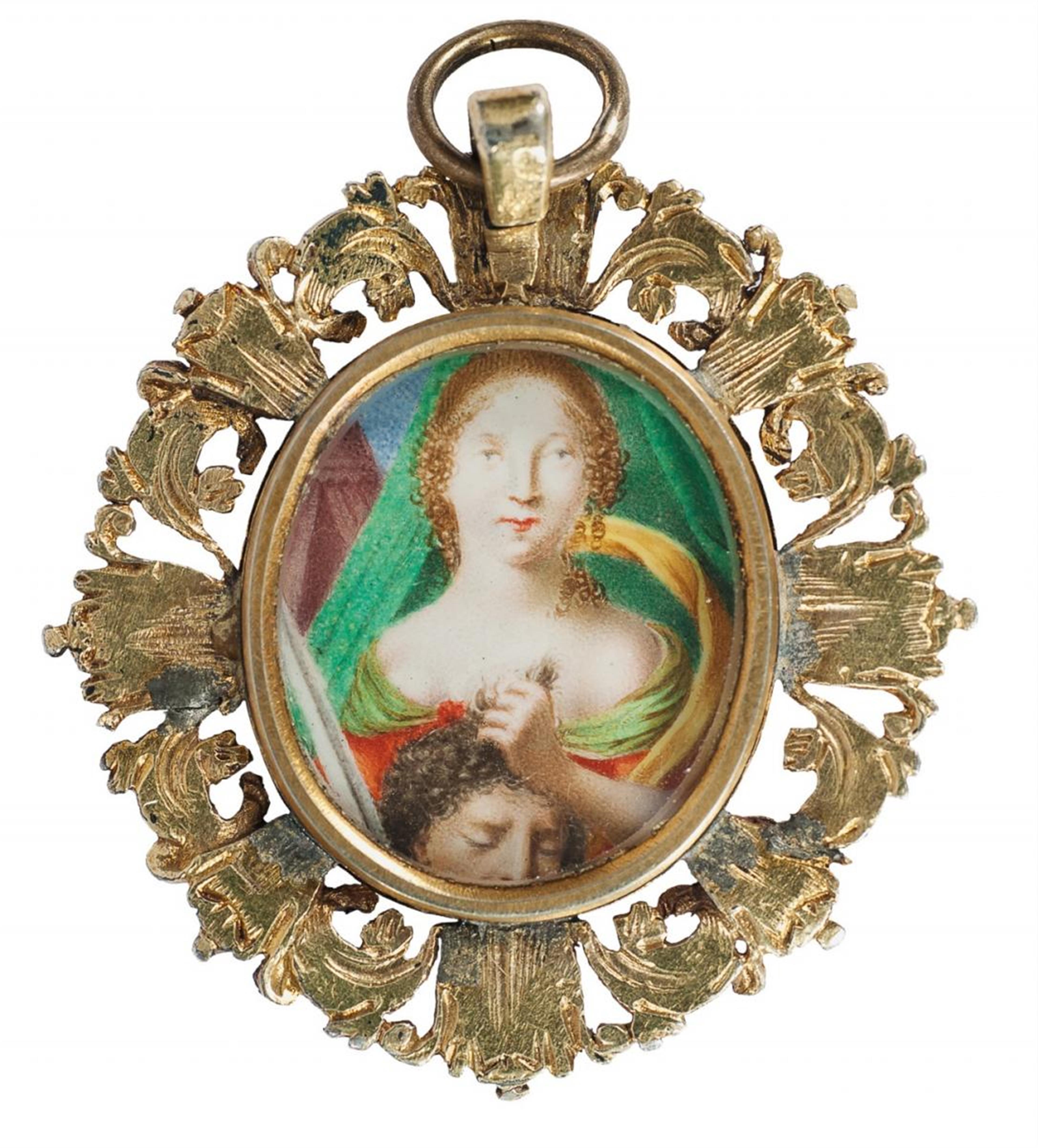 A pendant with a double-sided enamel on copper miniature. - image-2