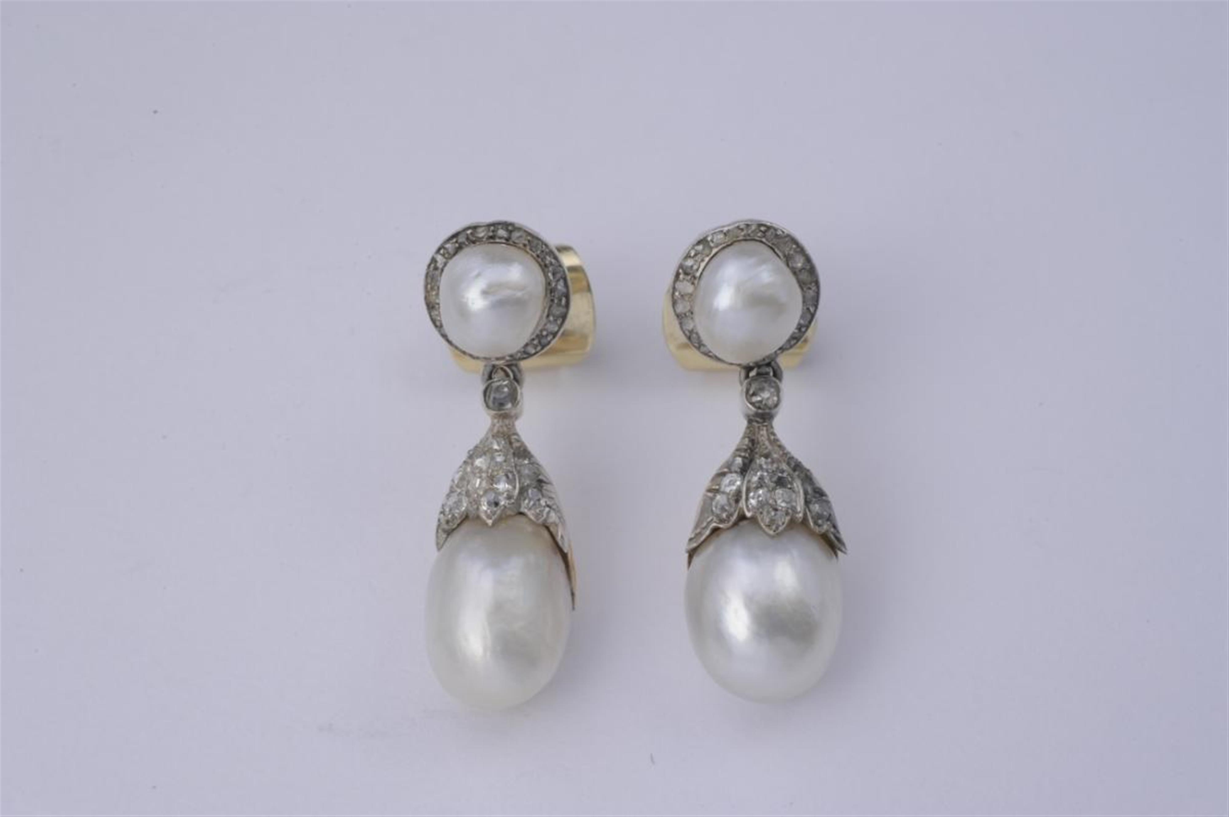A pair of silver and 14k red gold and Oriental pearl Belle Epoque pendant earrings. - image-1