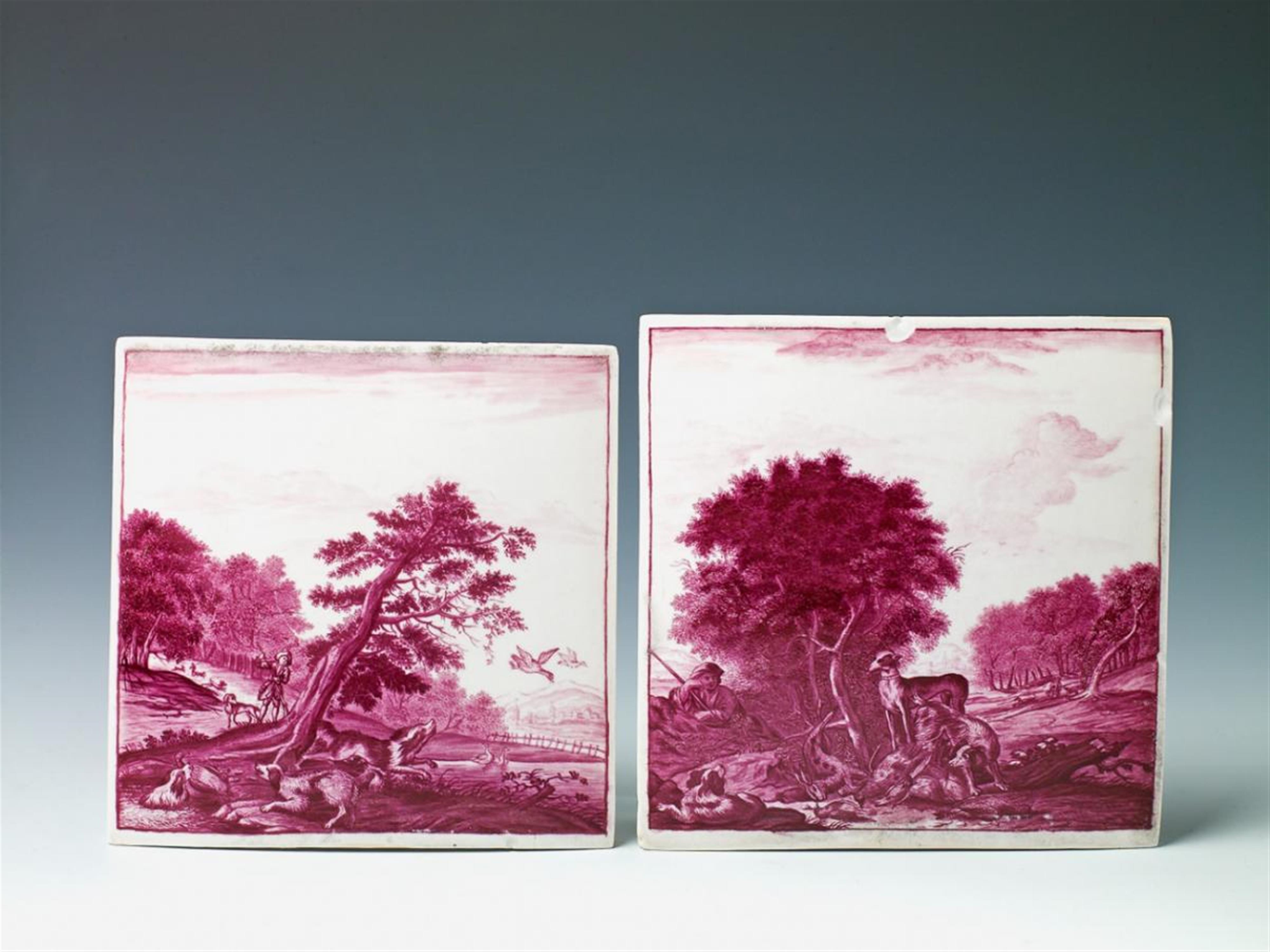 Two rare German porcelain tiles with hunt motifs after Johann Elias Ridinger. - image-1
