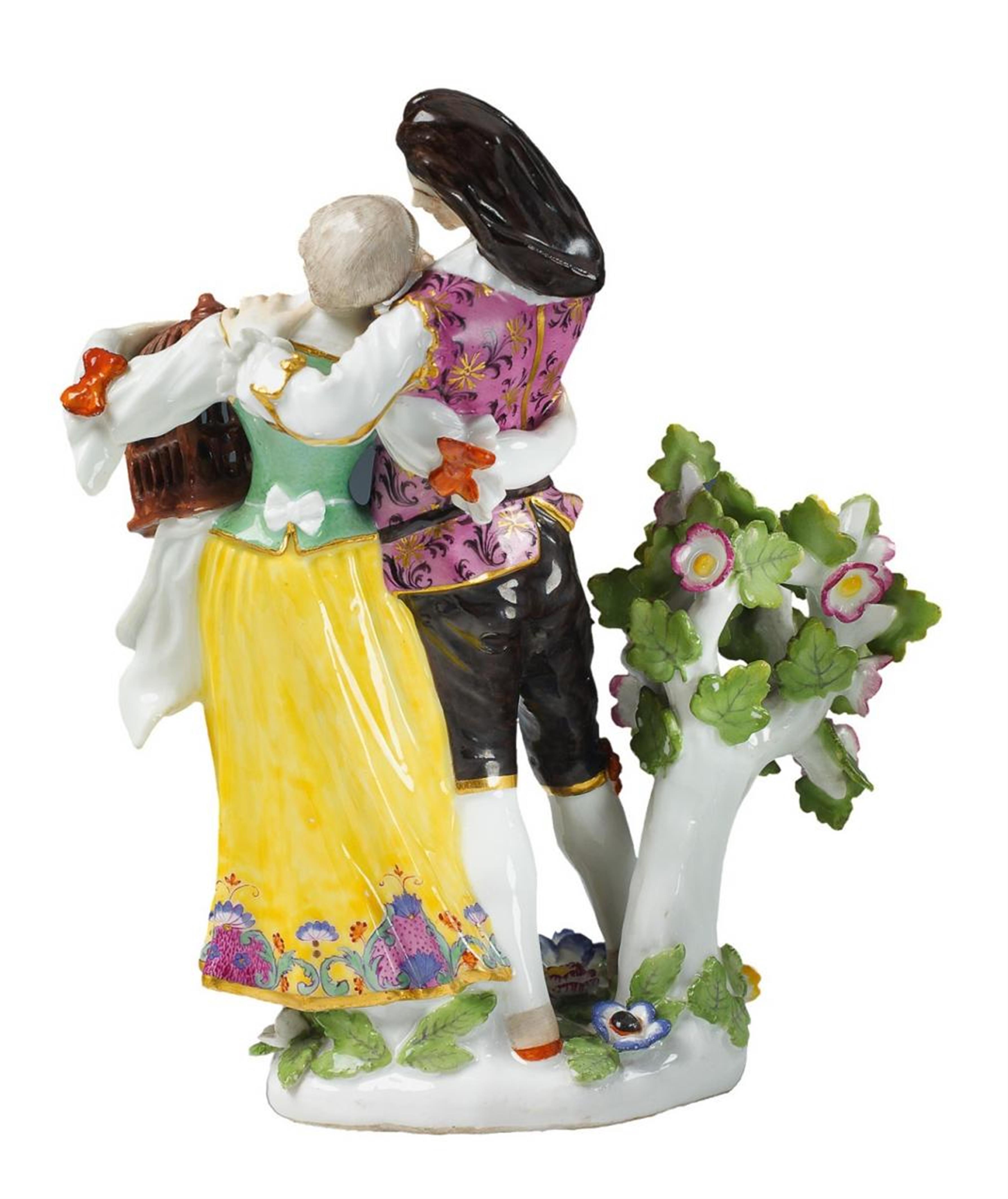 A rare Meissen group "La cage", depicting Scaramouche and Columbine with a birdcage beside a flowering shrub. - image-2