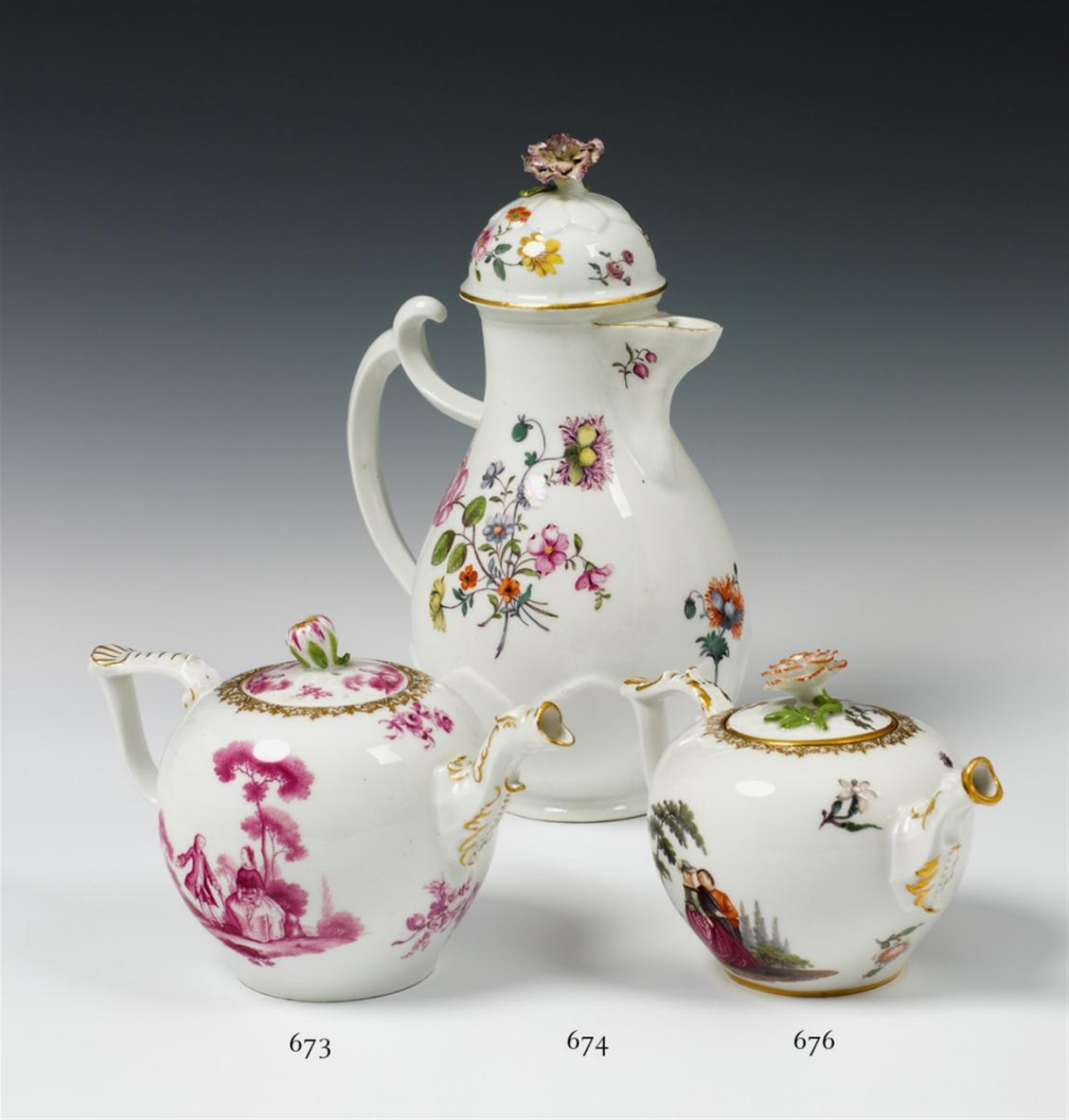 A Meissen teapot and cover painted with elegant couples. - image-1