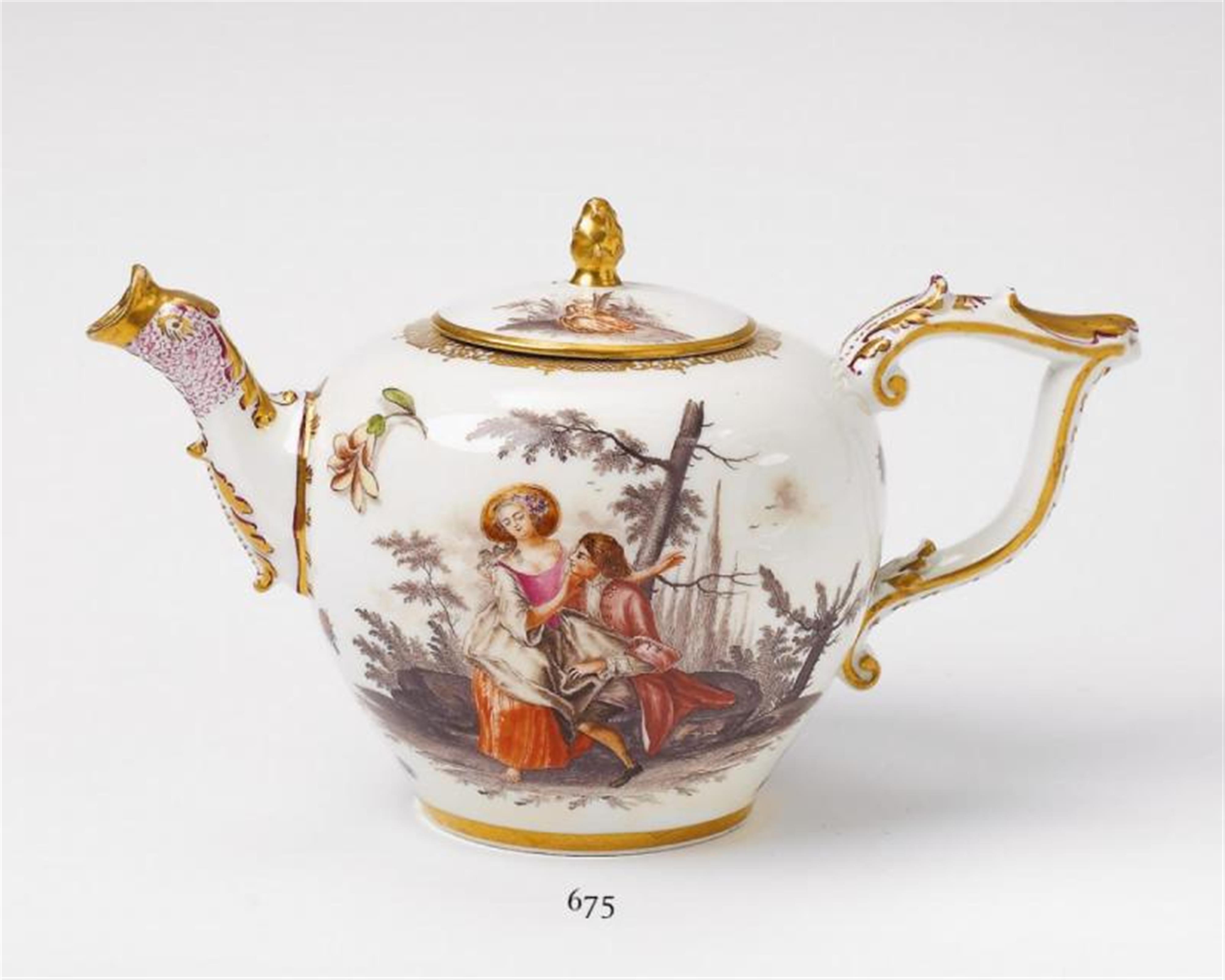 A Meissen teapot with finely painted figures on islands, insects and flowers. - image-2