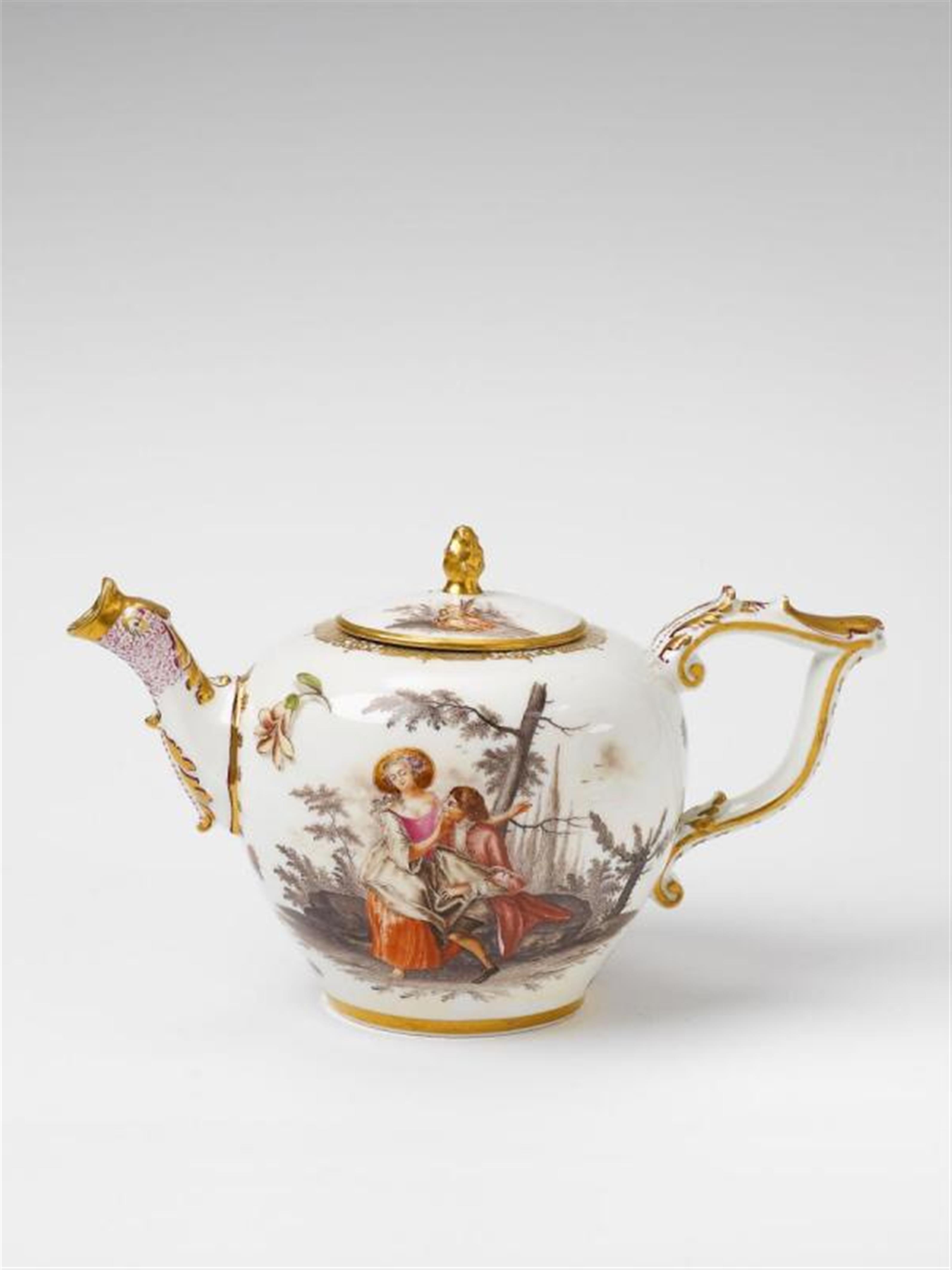 A Meissen teapot with finely painted figures on islands, insects and flowers. - image-1