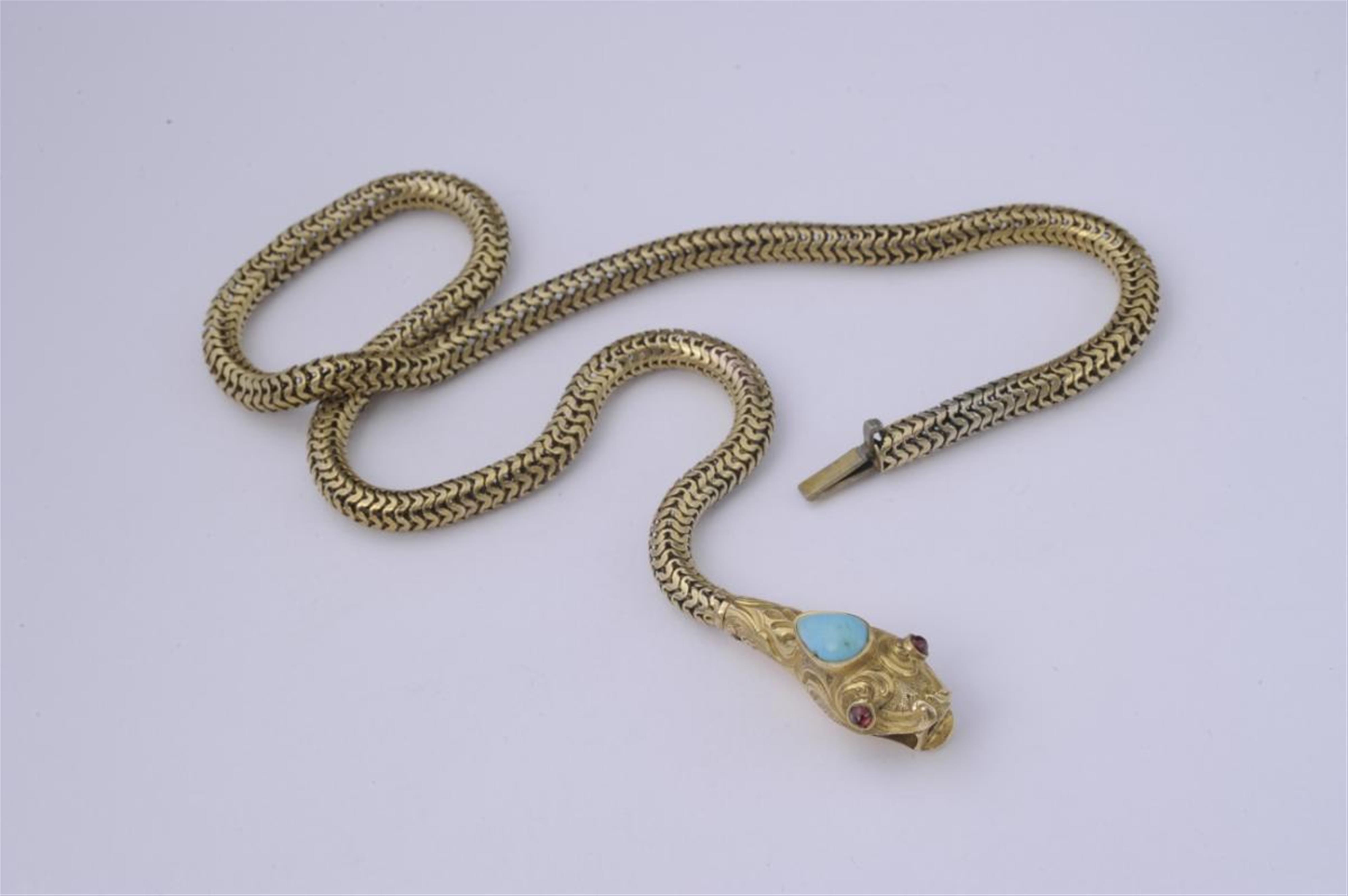 A gilt metal Biedermeier snake necklace set with turquoise and garnets. - image-1