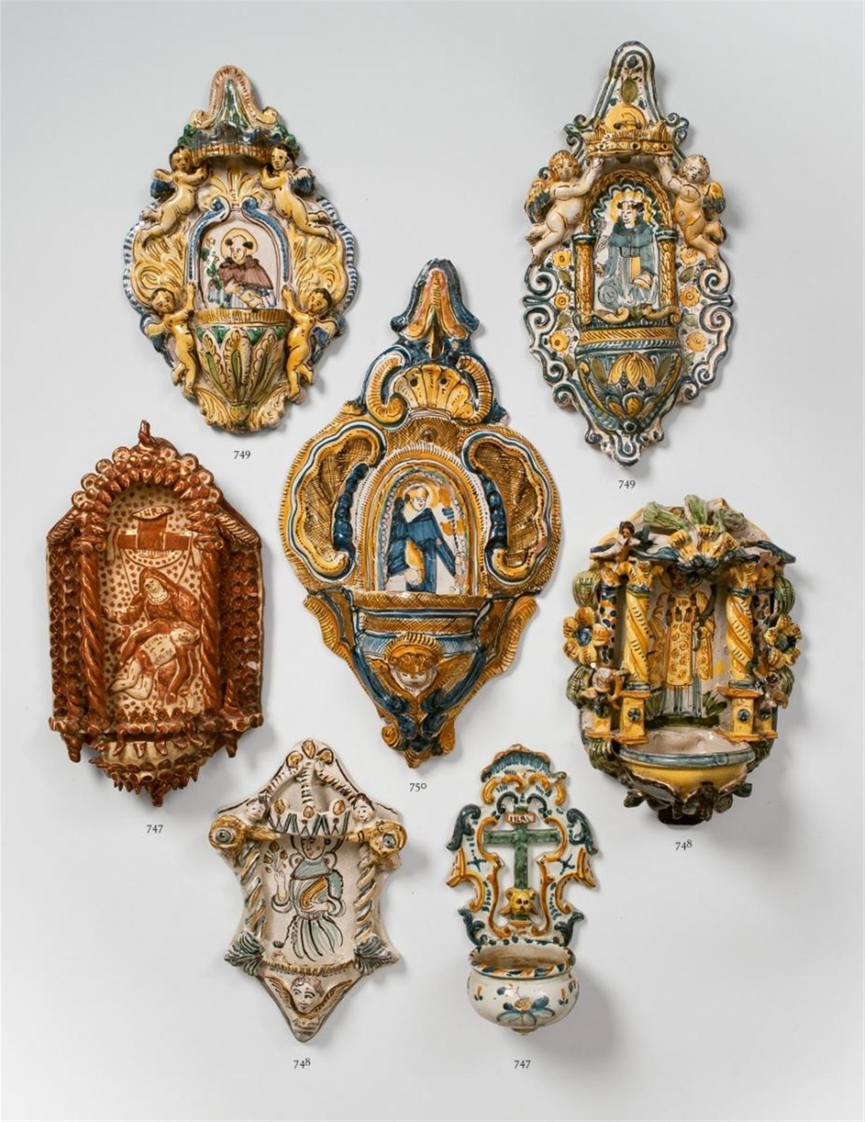 Two Spanish maiolica holy water stoops with lustre and grand feu decor. - image-1