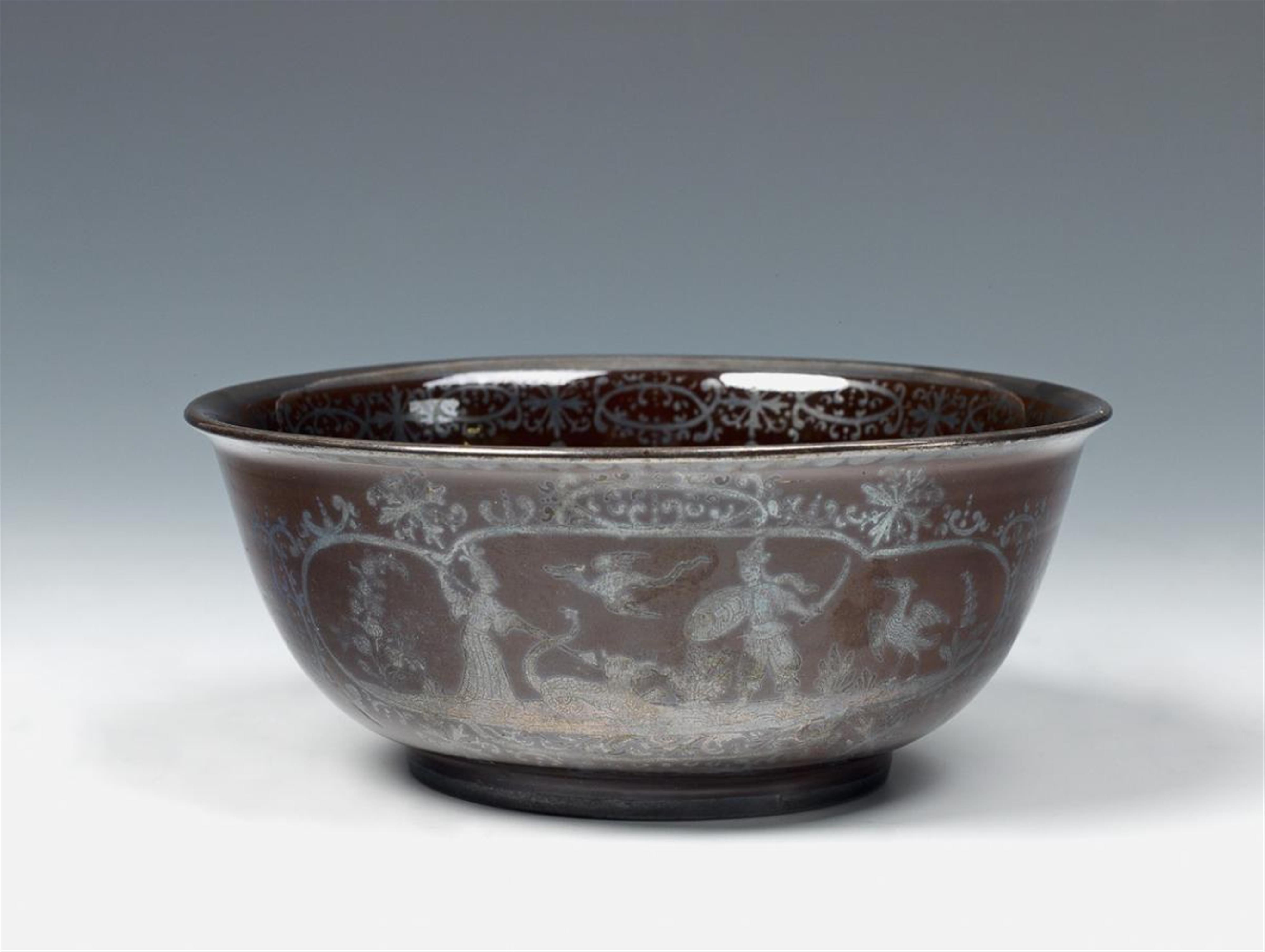 A dark brown glazed Bayreuth earthenware bowl with oxidised silver hunting scene decor. Bayreuther Kumme - image-1