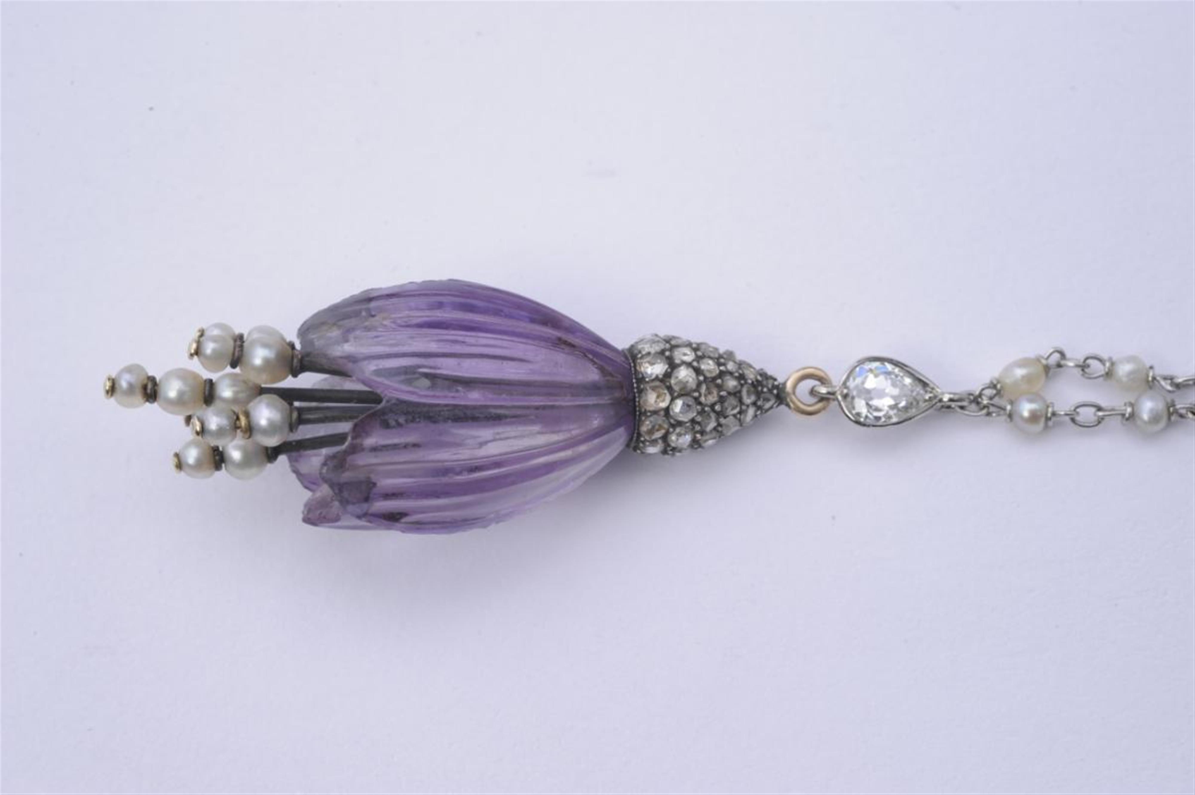 A white gold, carved amethyst and pearl floral pendant. - image-2