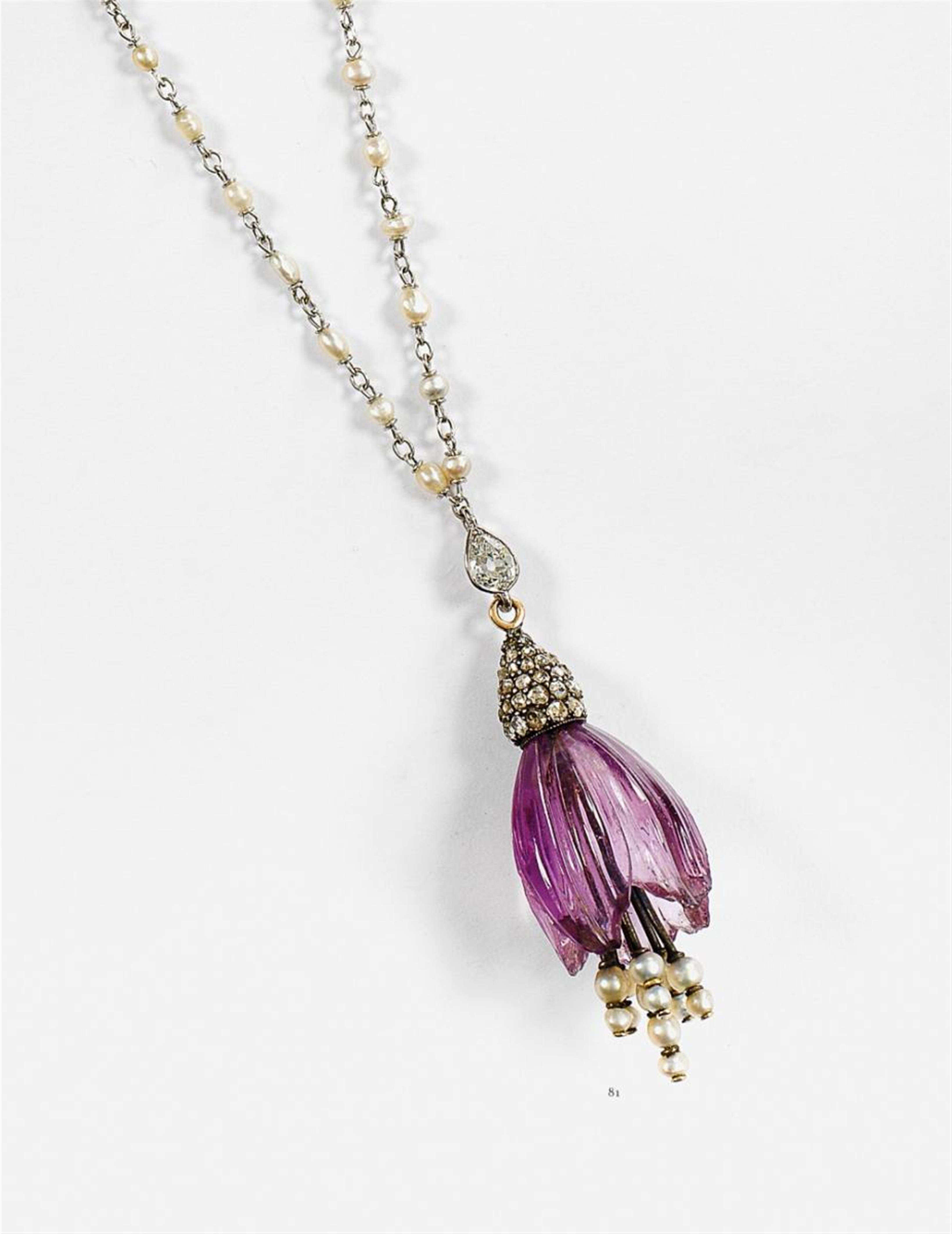 A white gold, carved amethyst and pearl floral pendant. - image-1